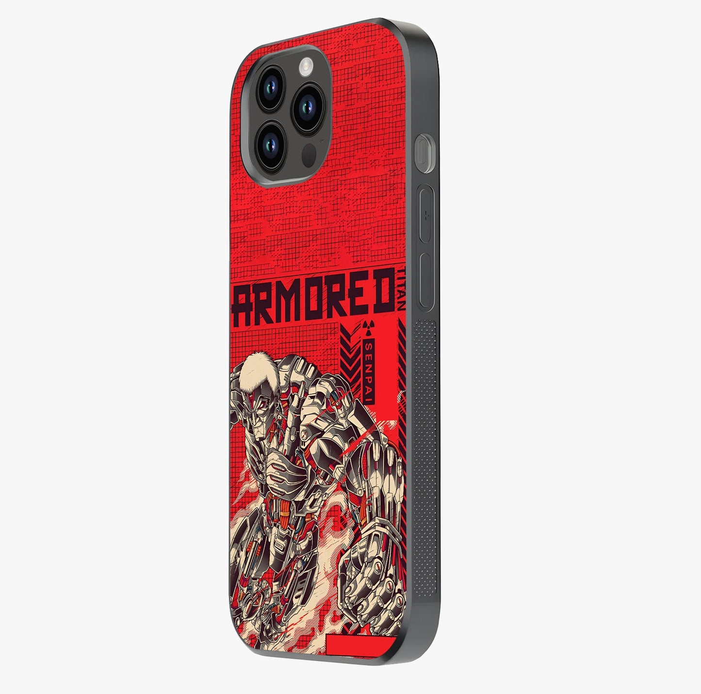 Crimson Mecha Titan Glass Case photographed in natural light showing reflective finish and design depth.