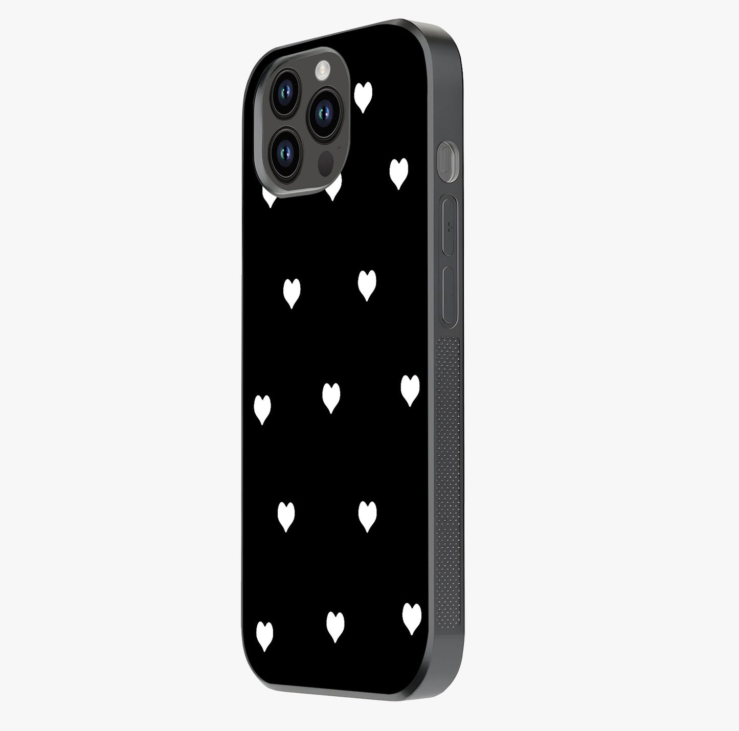 Cute And Simple White Hearts Glass Case photographed in natural light showing reflective finish and design depth.