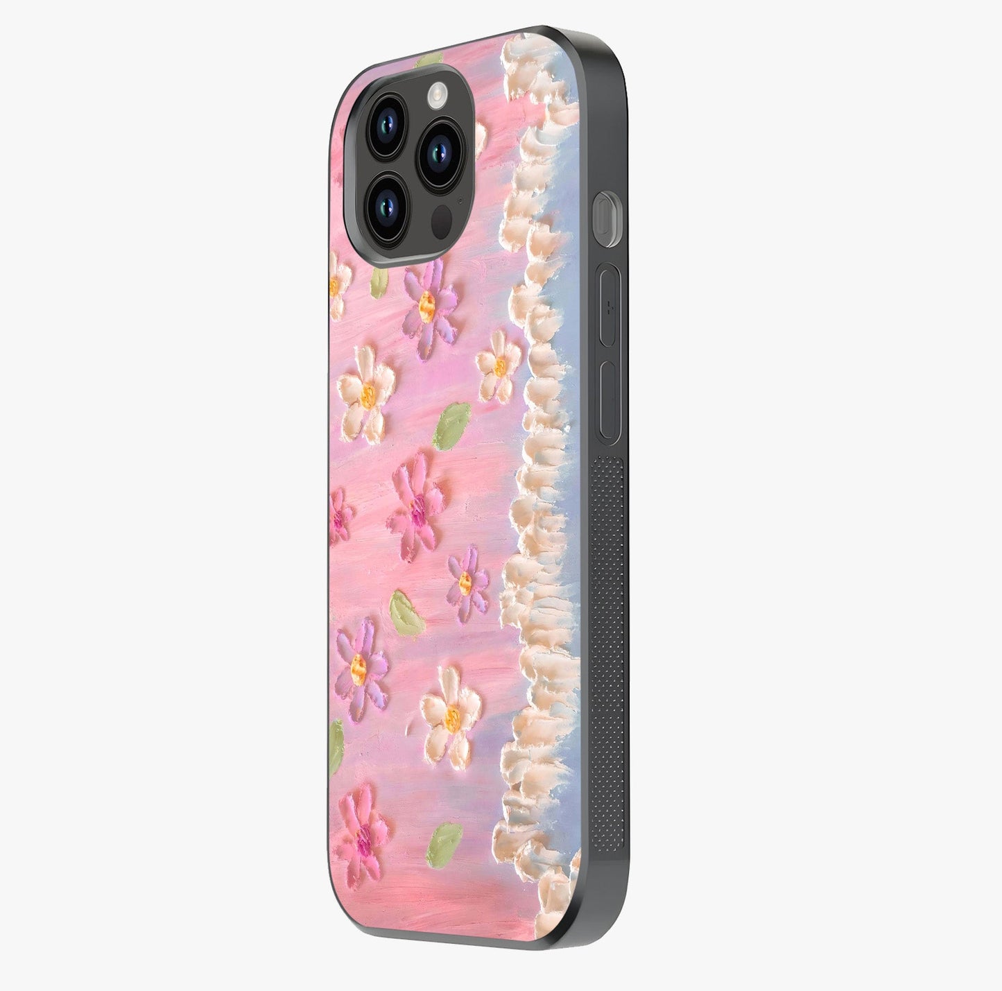 Dreamy Painted Garden Glass Case photographed in natural light showing reflective finish and design depth.