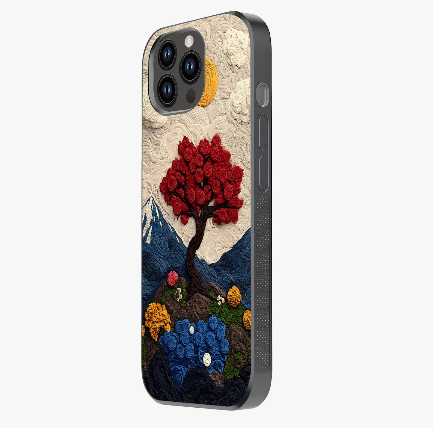 Eternal Nature Tapestry Glass Case photographed in natural light showing reflective finish and design depth.