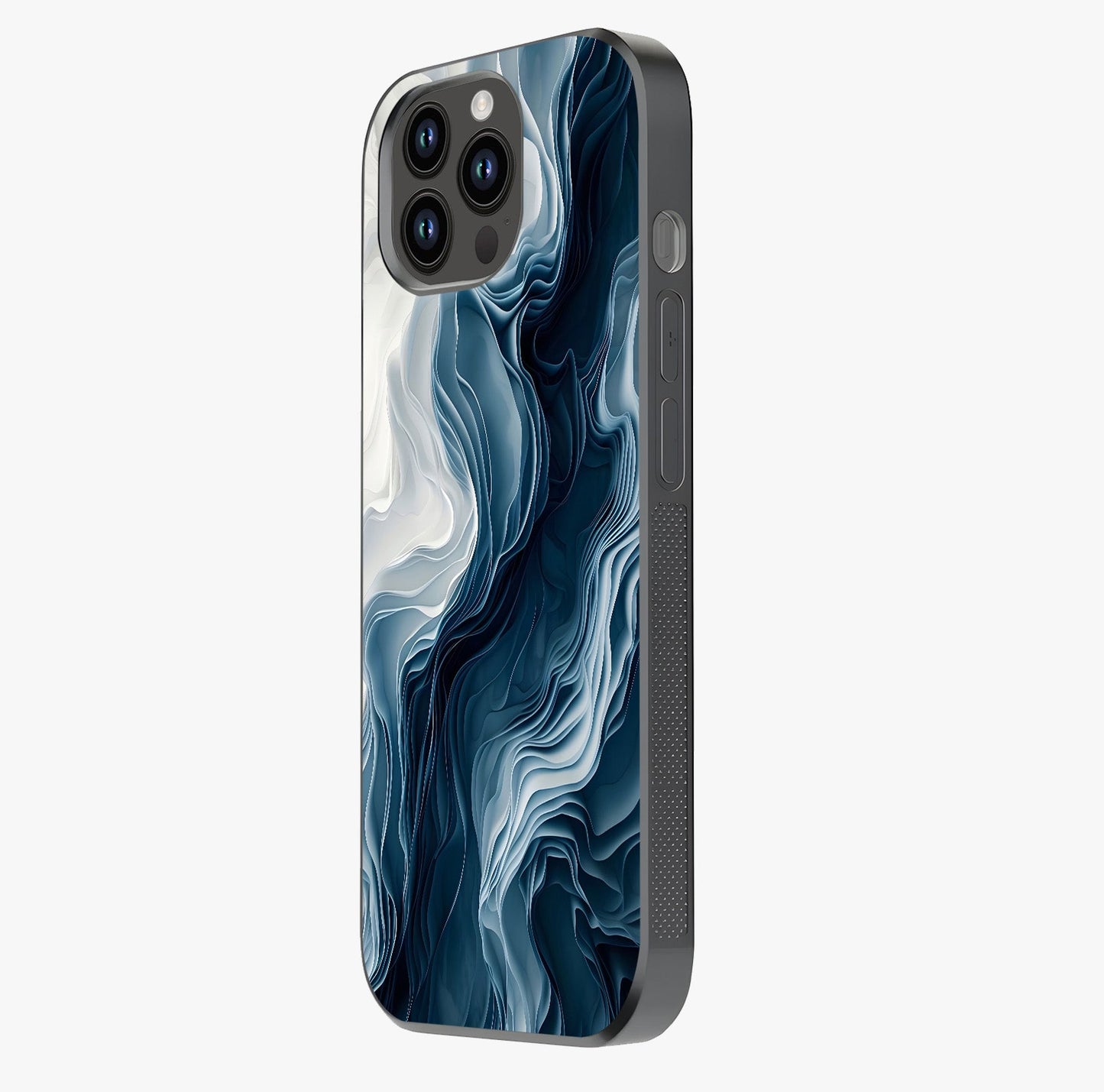 Ethereal Paper Marble Glass Case photographed in natural light showing reflective finish and design depth.