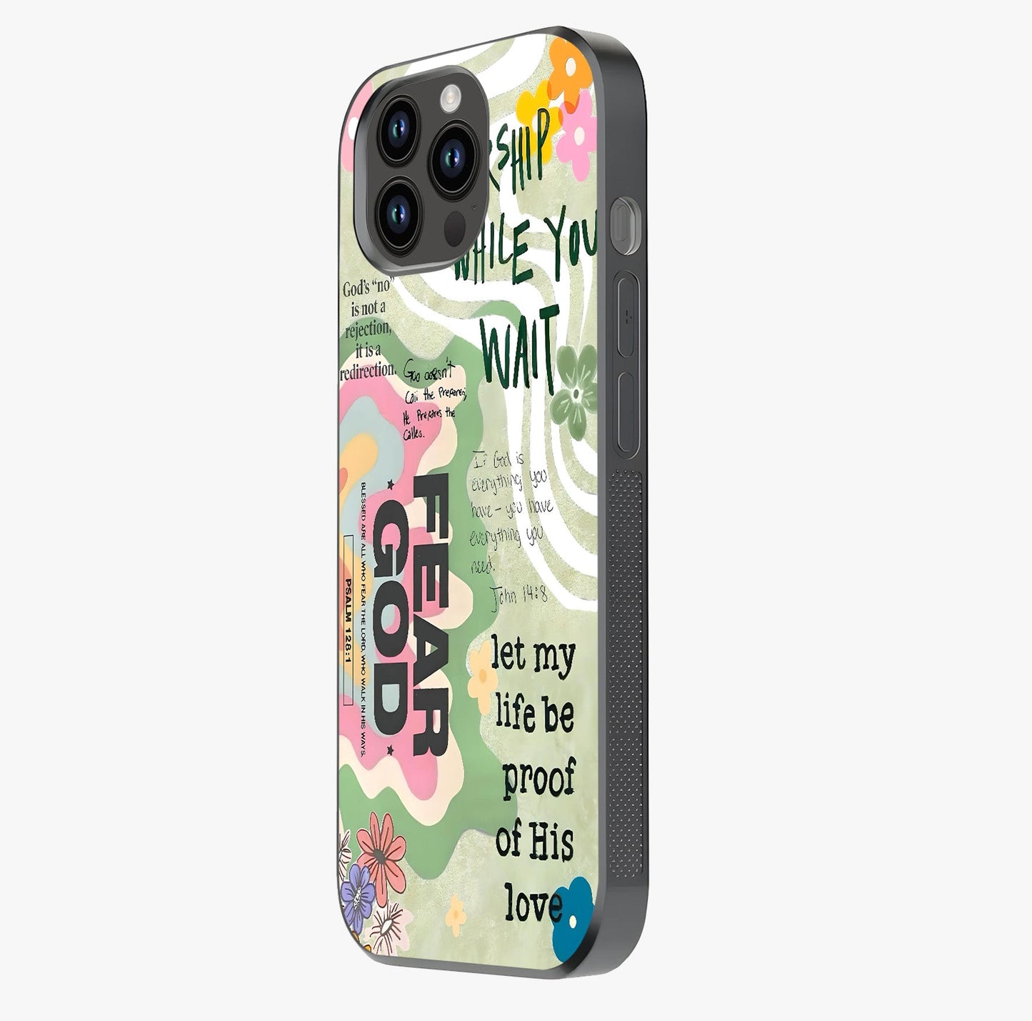 Faith Over Fear Glass Case photographed in natural light showing reflective finish and design depth.