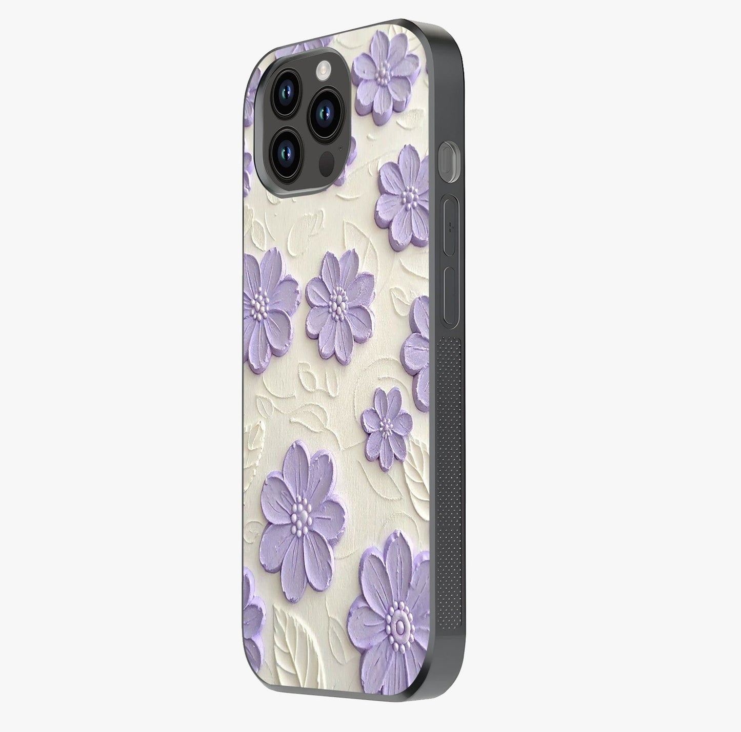 Floral Wall Art With Purple Flowers Glass Case photographed in natural light showing reflective finish and design depth.