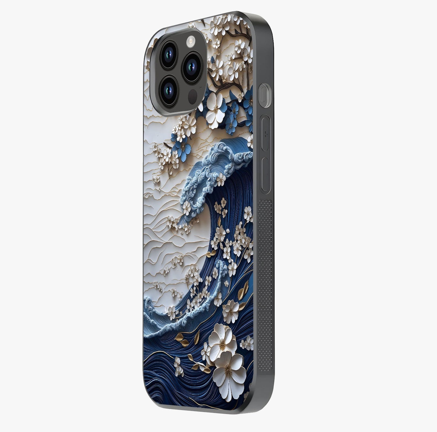 Floral Wave Origami Glass Case photographed in natural light showing reflective finish and design depth.