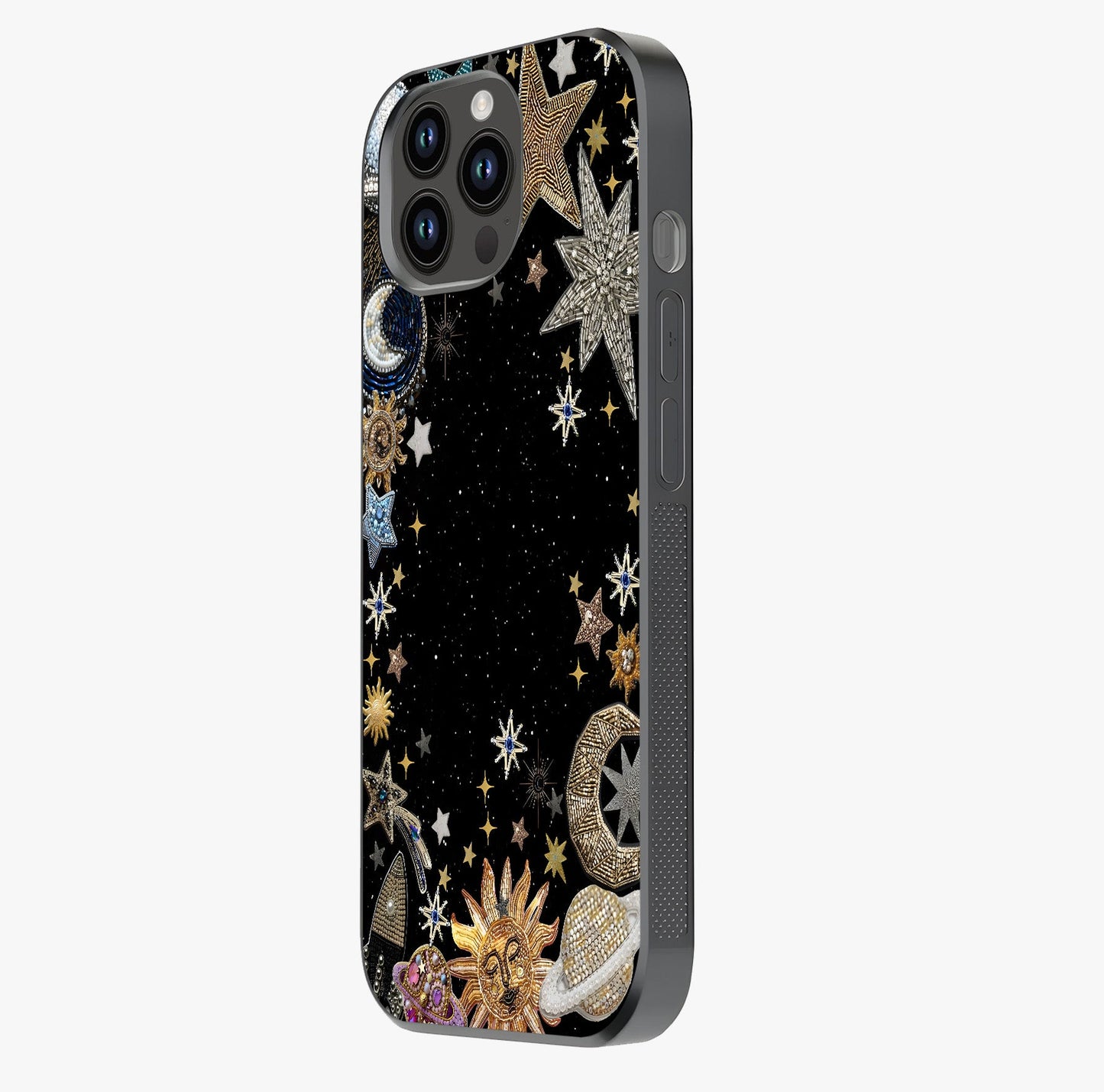 Galactic Jewel Stars Glass Case photographed in natural light showing reflective finish and design depth.