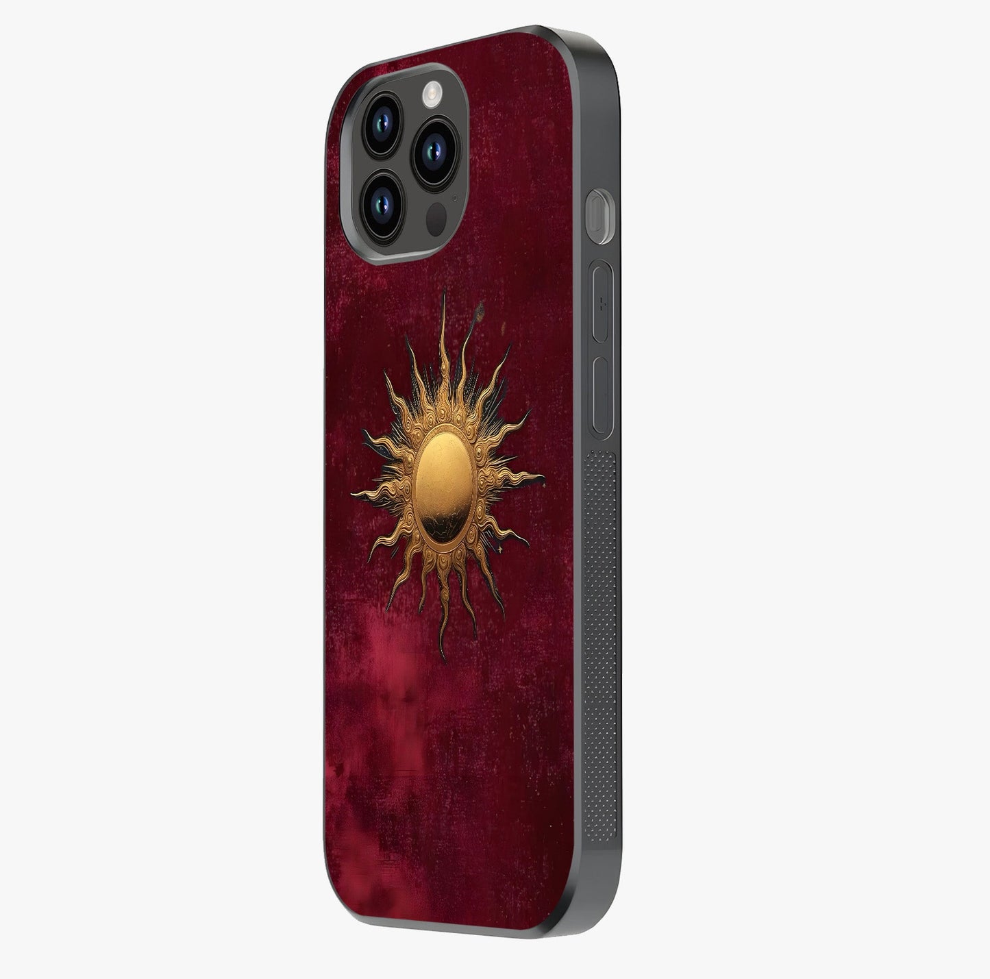Gold Sun Blush Glass Case photographed in natural light showing reflective finish and design depth.