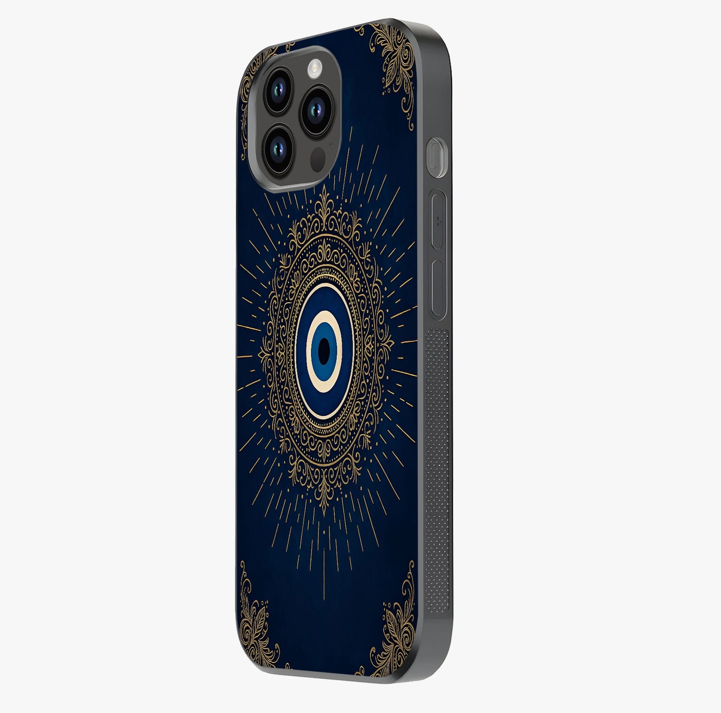 Golden Evil Eye Mandala Glass Case photographed in natural light showing reflective finish and design depth.