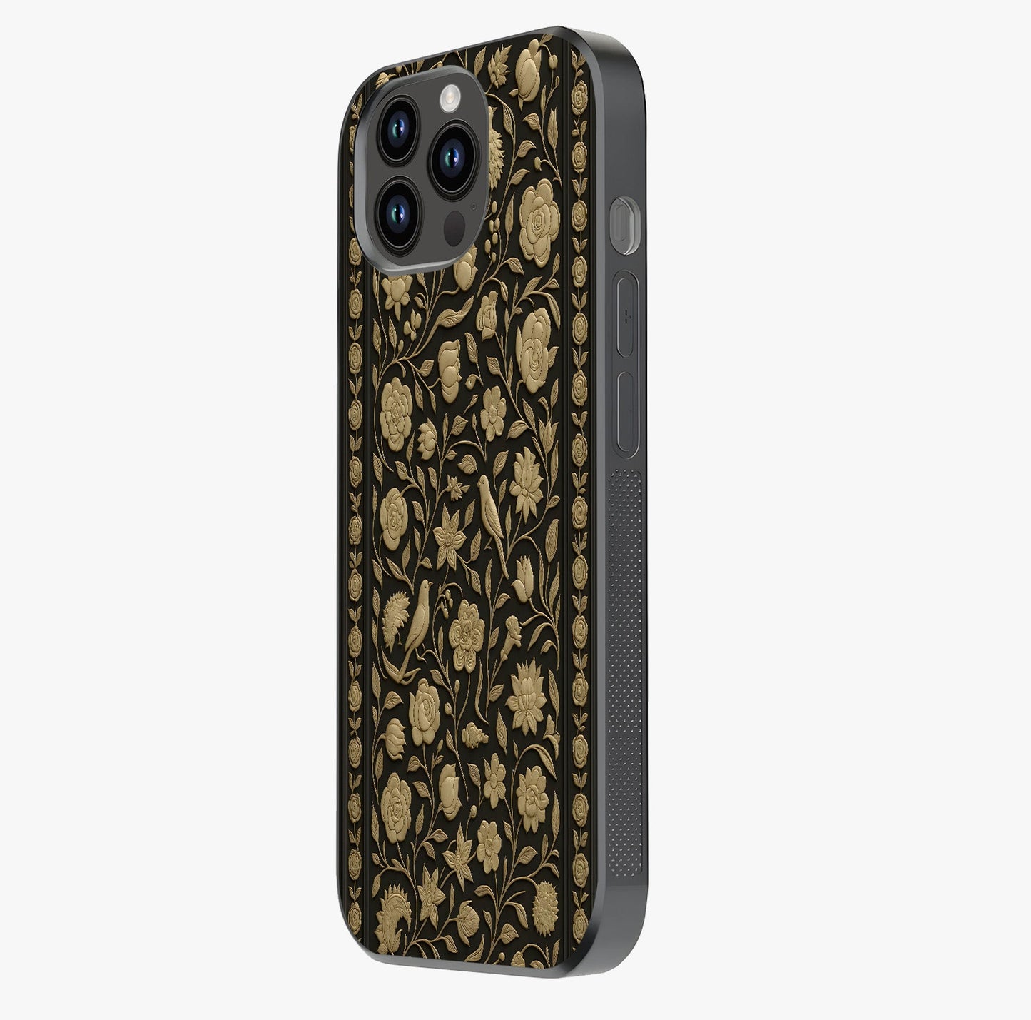 Golden Floral Majesty Glass Case photographed in natural light showing reflective finish and design depth.