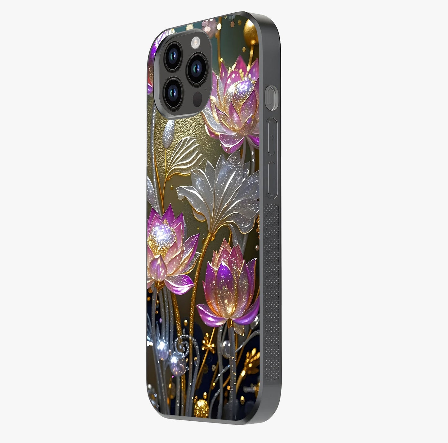 Golden Lotus Glow Glass Case photographed in natural light showing reflective finish and design depth.