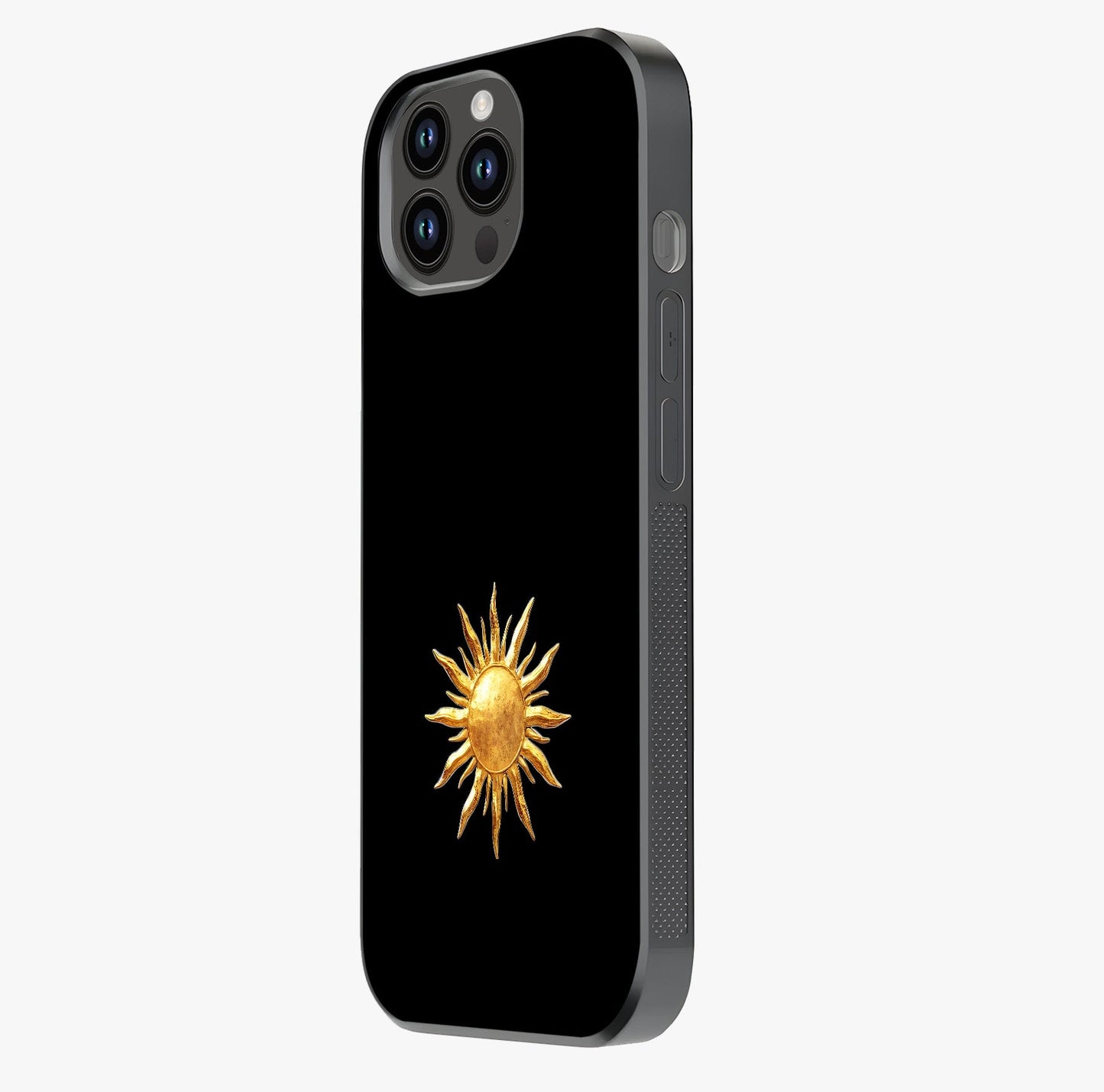 Golden Sun Minimalism Glass Case photographed in natural light showing reflective finish and design depth.