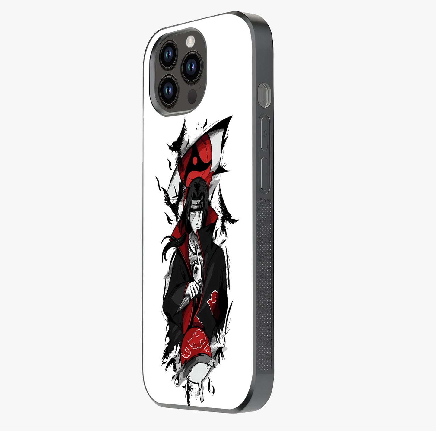Itachi Sharingan Glass Case photographed in natural light showing reflective finish and design depth.