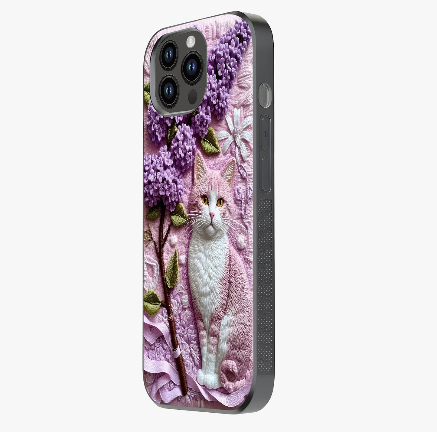 Lavender Cat Whimsy Glass Case photographed in natural light showing reflective finish and design depth.