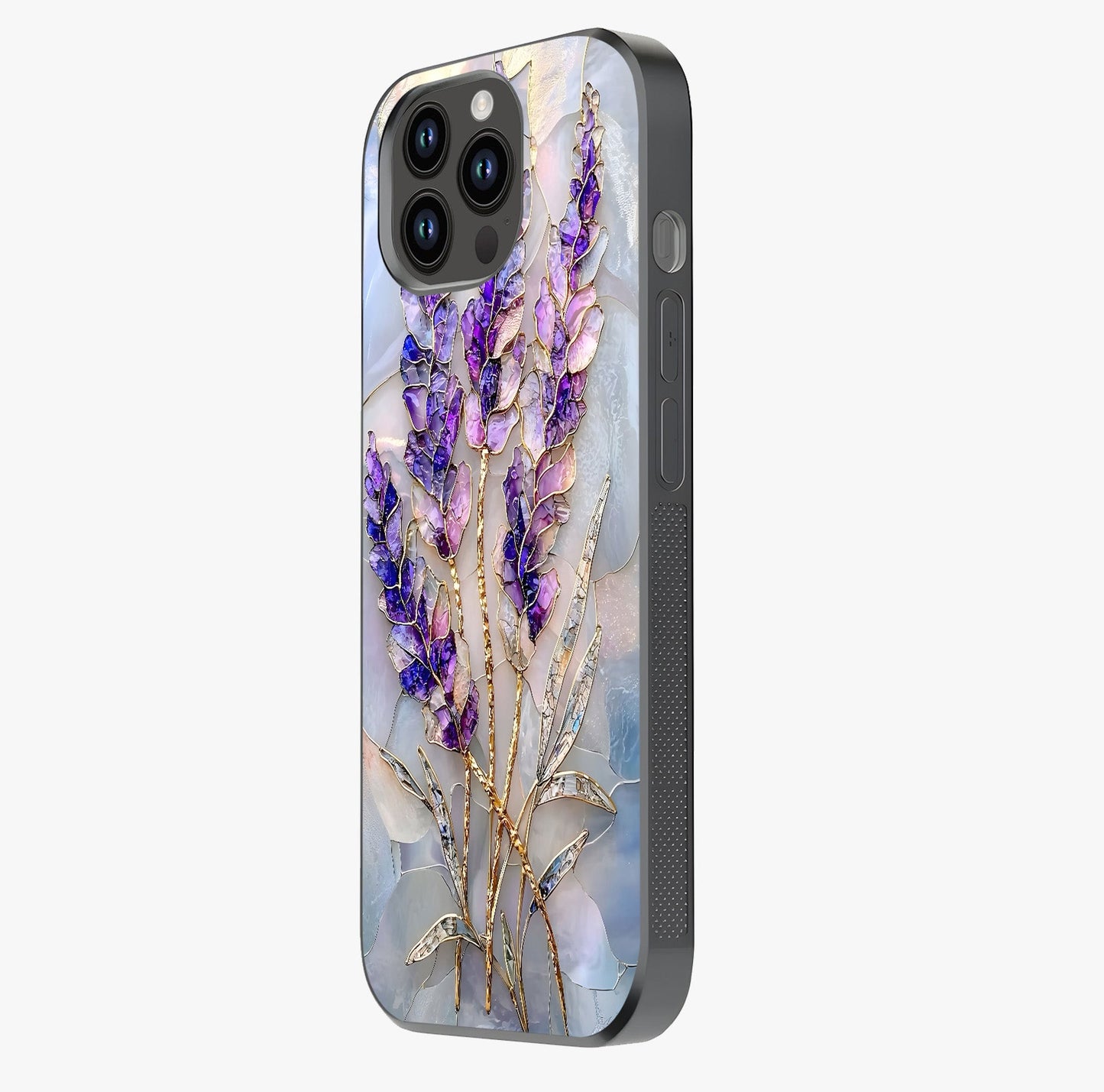 Lavender Dream Glow Glass Case photographed in natural light showing reflective finish and design depth.
