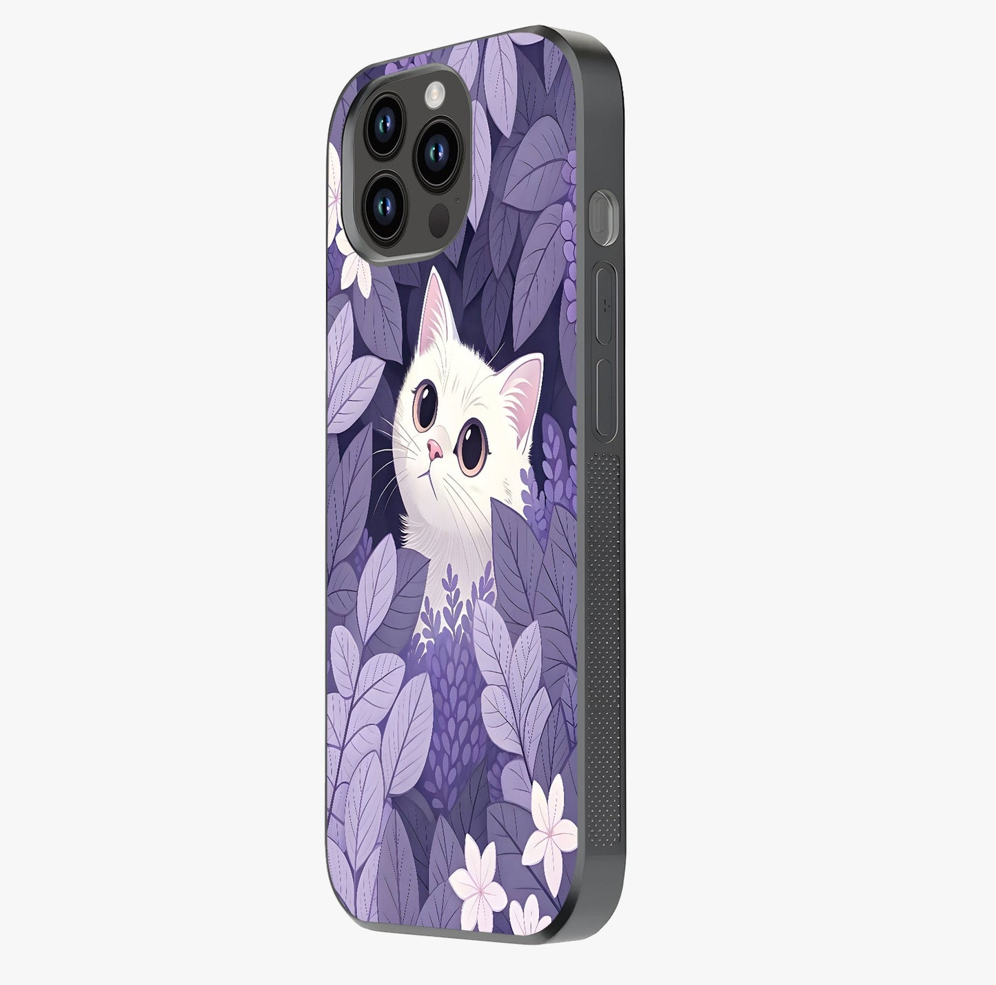 Lilac Hide Peek Cat Glass Case photographed in natural light showing reflective finish and design depth.