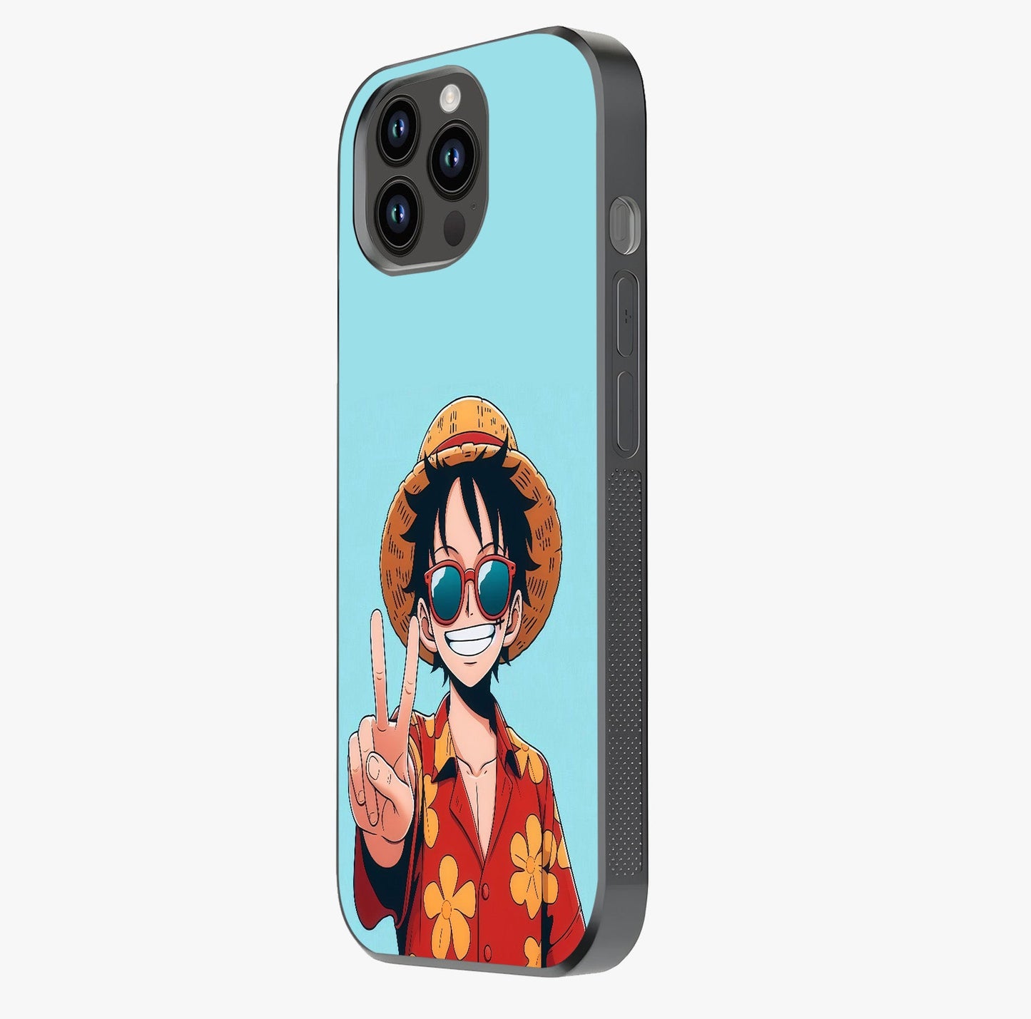 Luffy Summer Anime Vibe Glass Case photographed in natural light showing reflective finish and design depth.