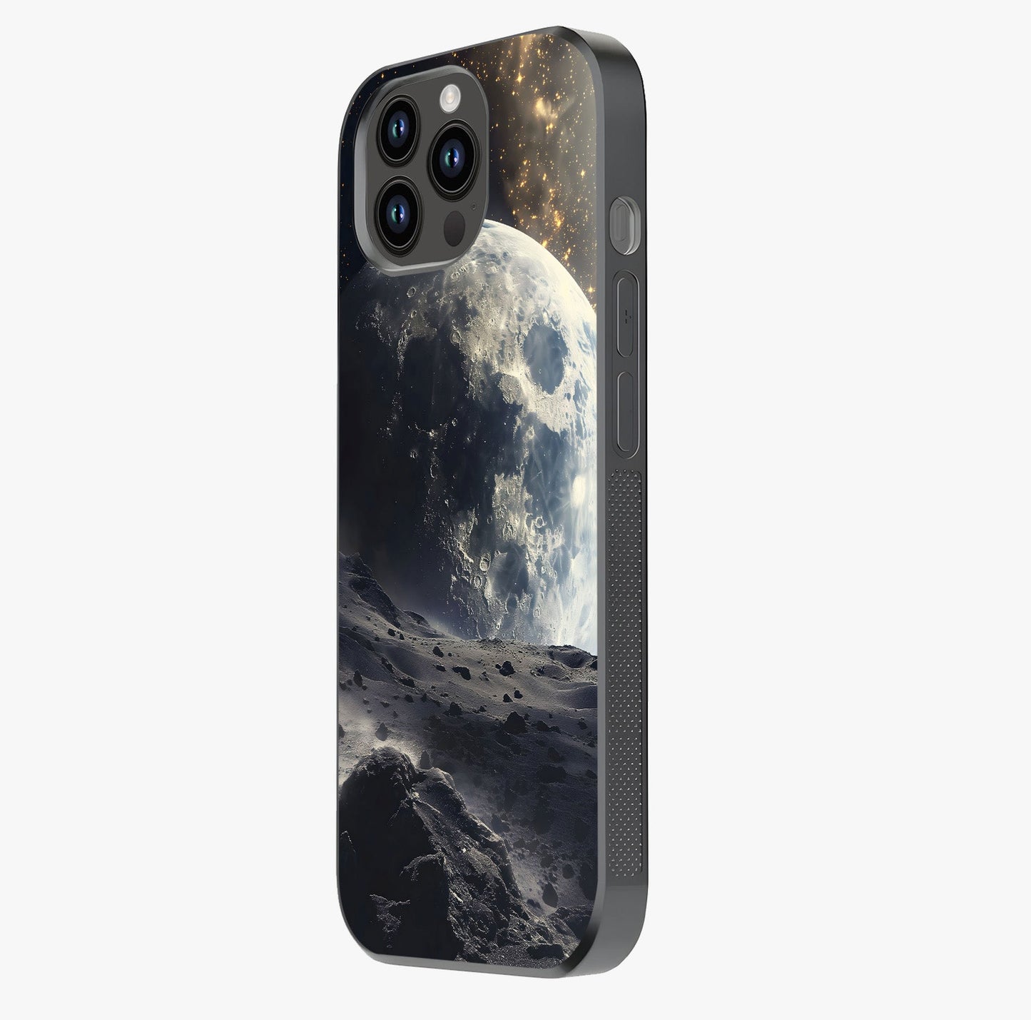 Lunar Horizon Glow Glass Case photographed in natural light showing reflective finish and design depth.