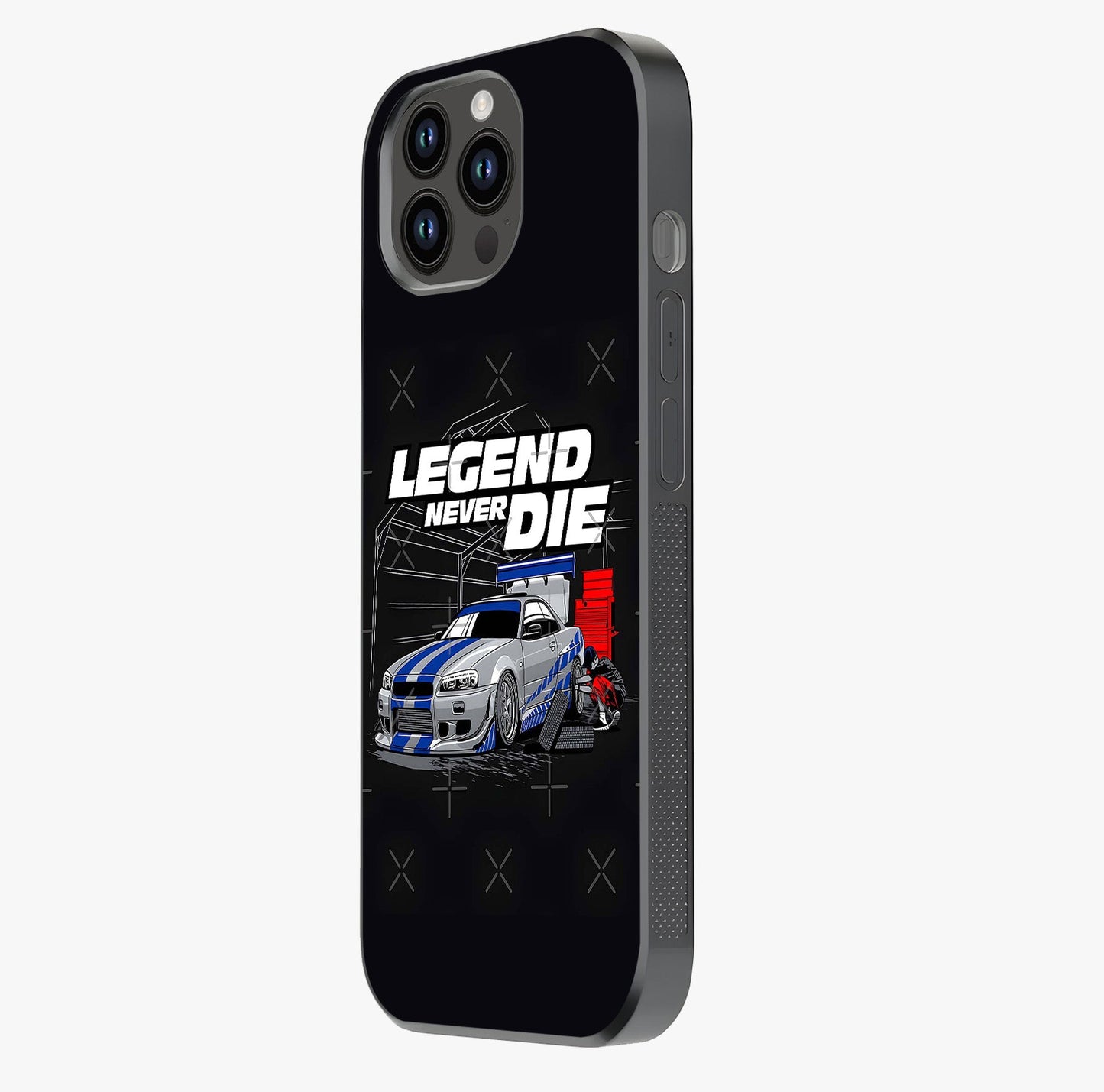 Midnight Racing Legacy Glass Case photographed in natural light showing reflective finish and design depth.