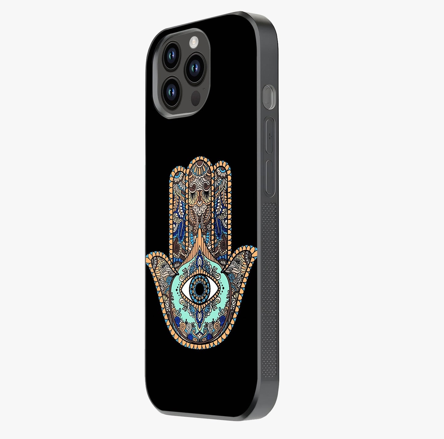 Mystic Hamsa Eye Glass Case photographed in natural light showing reflective finish and design depth.
