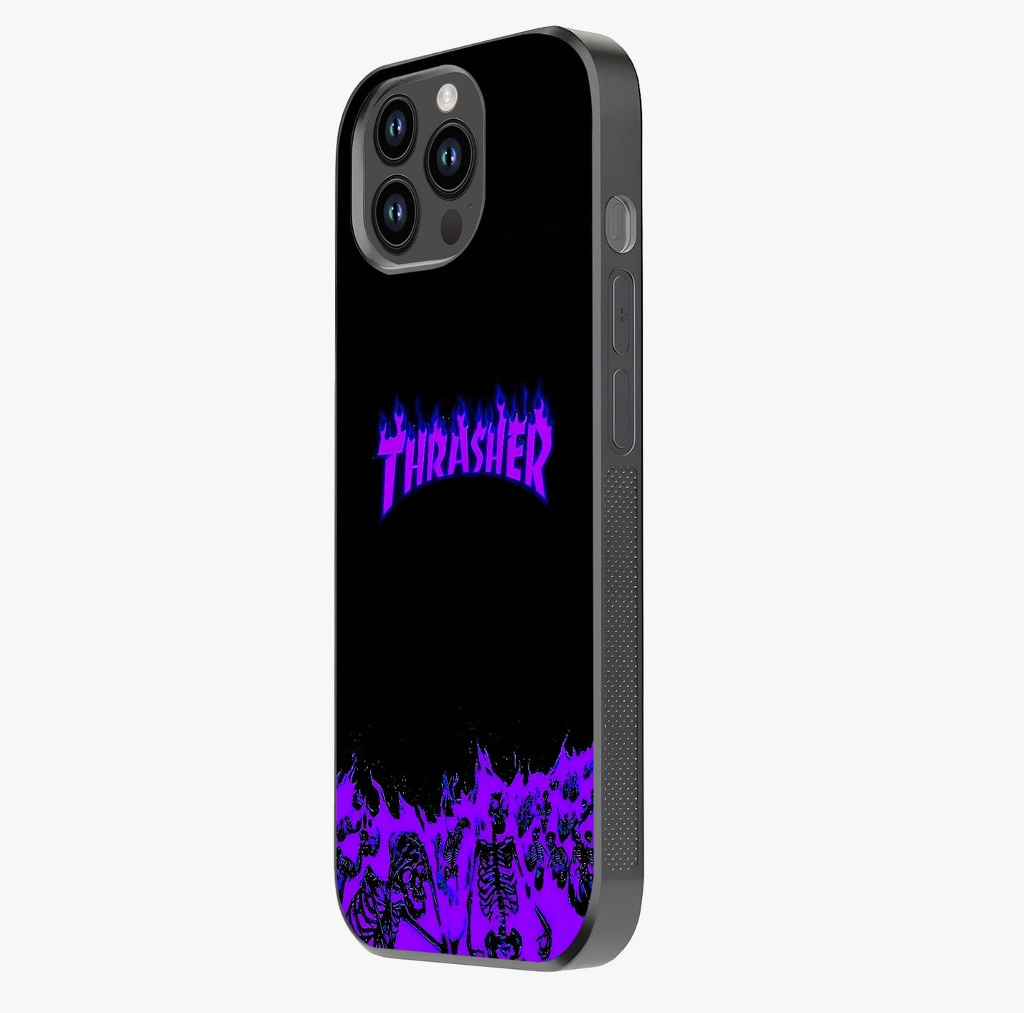 Neon Flame Riot Glass Case photographed in natural light showing reflective finish and design depth.