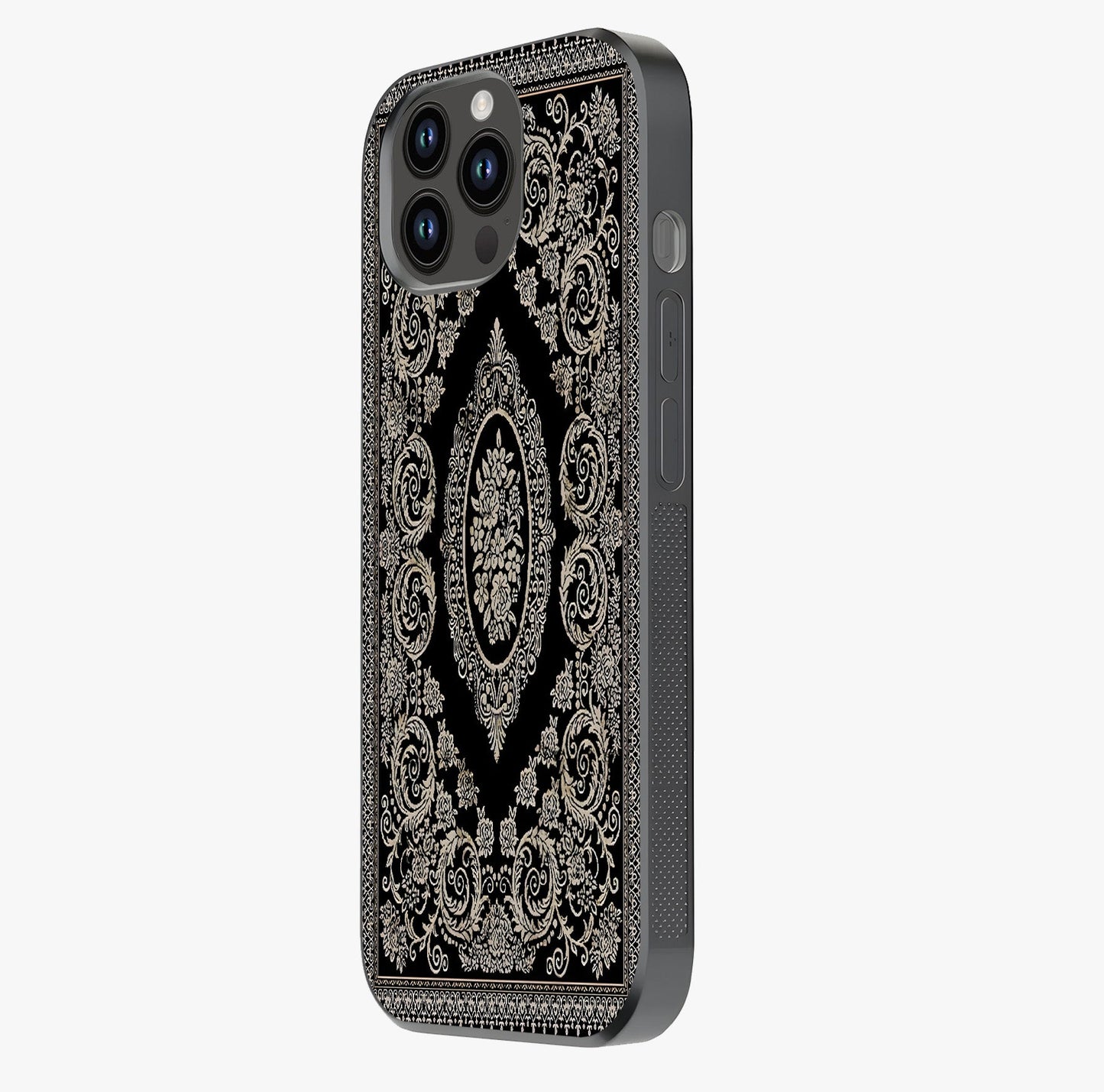 Noir Bloom Elegance Glass Case photographed in natural light showing reflective finish and design depth.