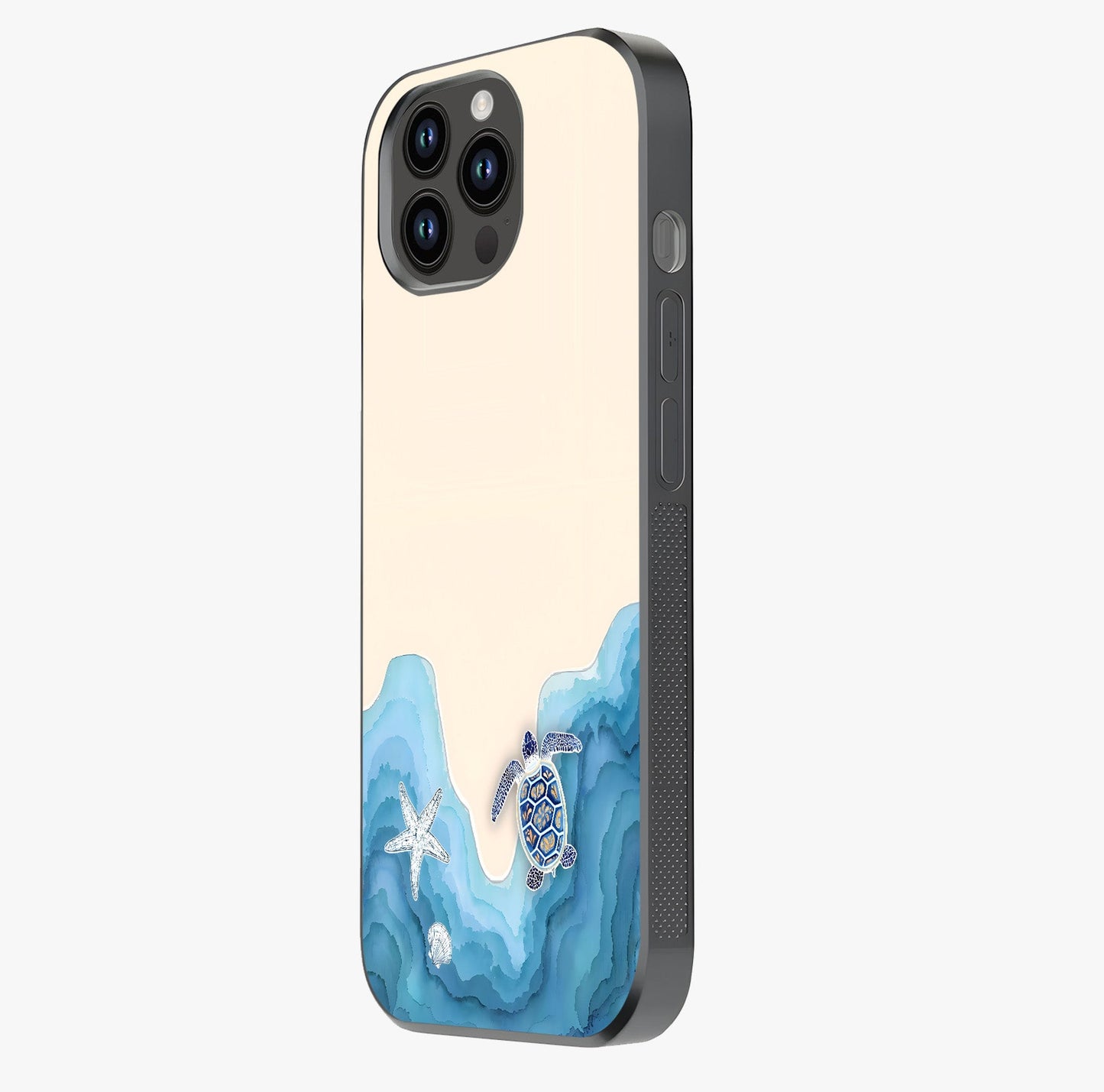 Ocean Drift Turtle Glass Case photographed in natural light showing reflective finish and design depth.