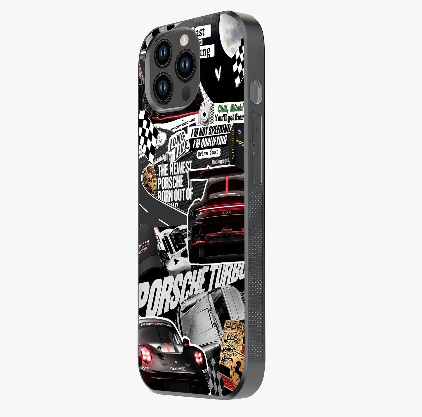 Porsche Racing Collage Glass Case photographed in natural light showing reflective finish and design depth.