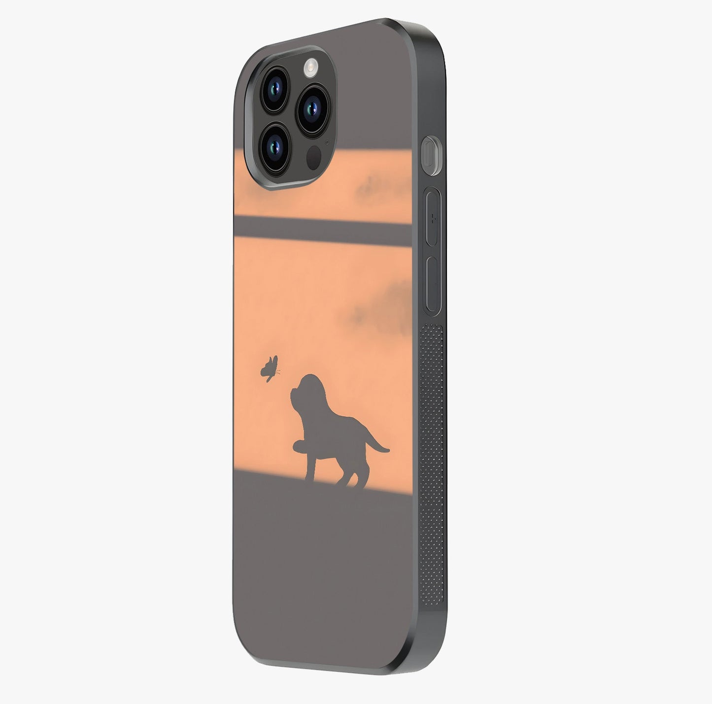 Puppy Shadow Art Glass Case photographed in natural light showing reflective finish and design depth.