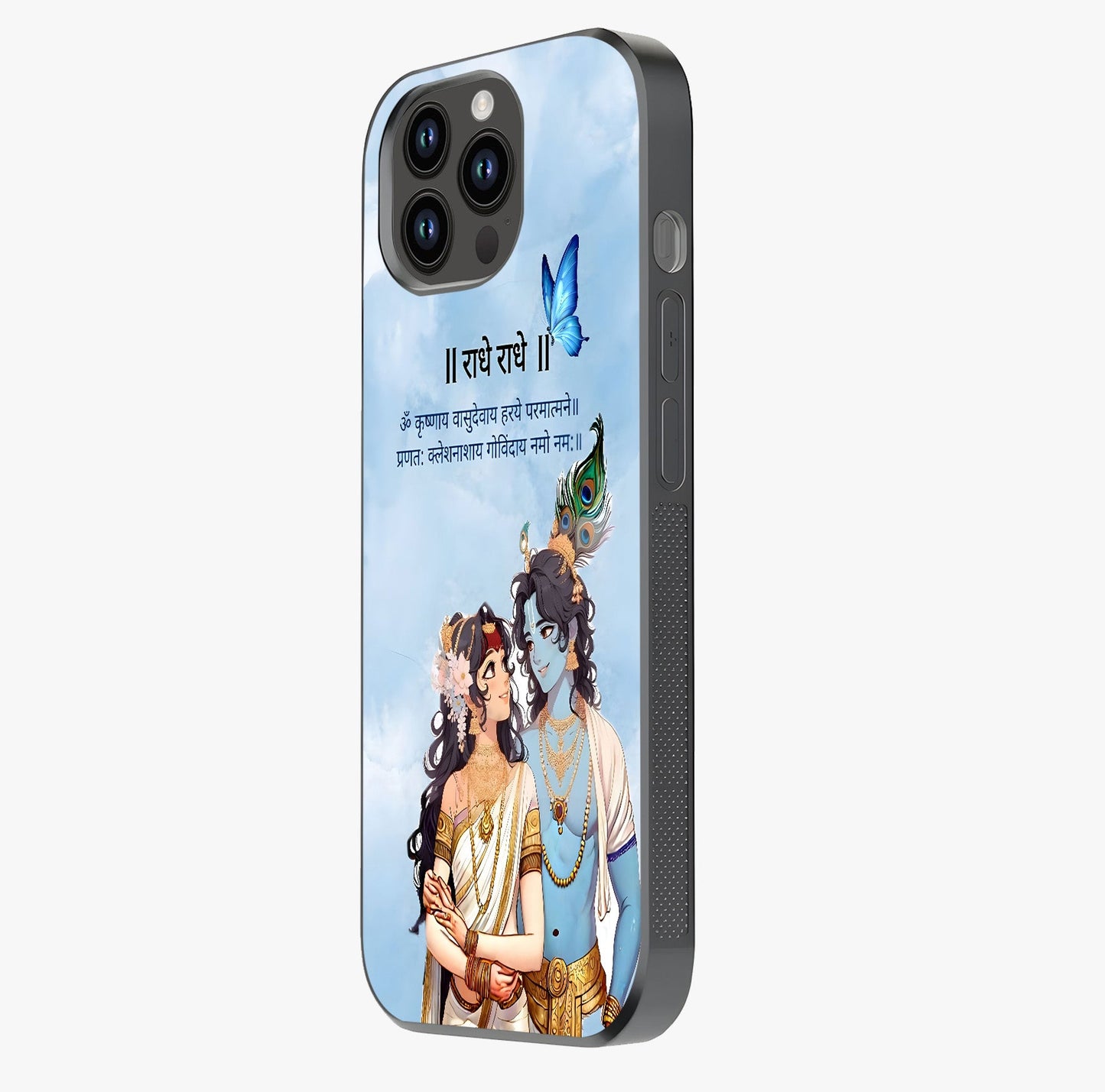 Radha Krishna Eternal Glass Case photographed in natural light showing reflective finish and design depth.