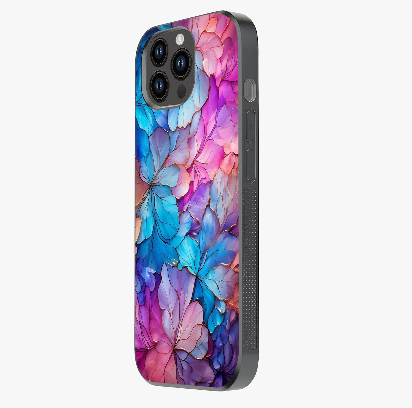 Radiant Floral Whirl Glass Case photographed in natural light showing reflective finish and design depth.