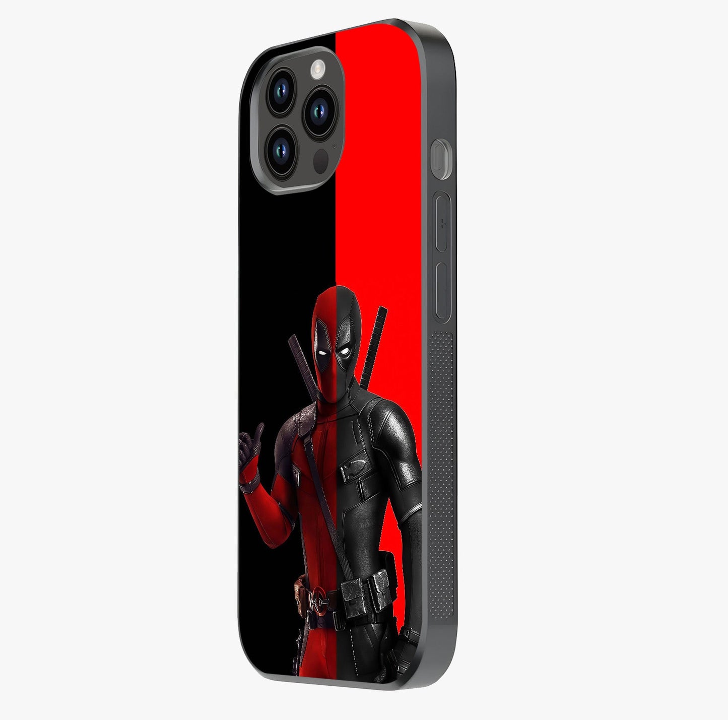 Red & Black Deadpool Theme Glass Case photographed in natural light showing reflective finish and design depth.