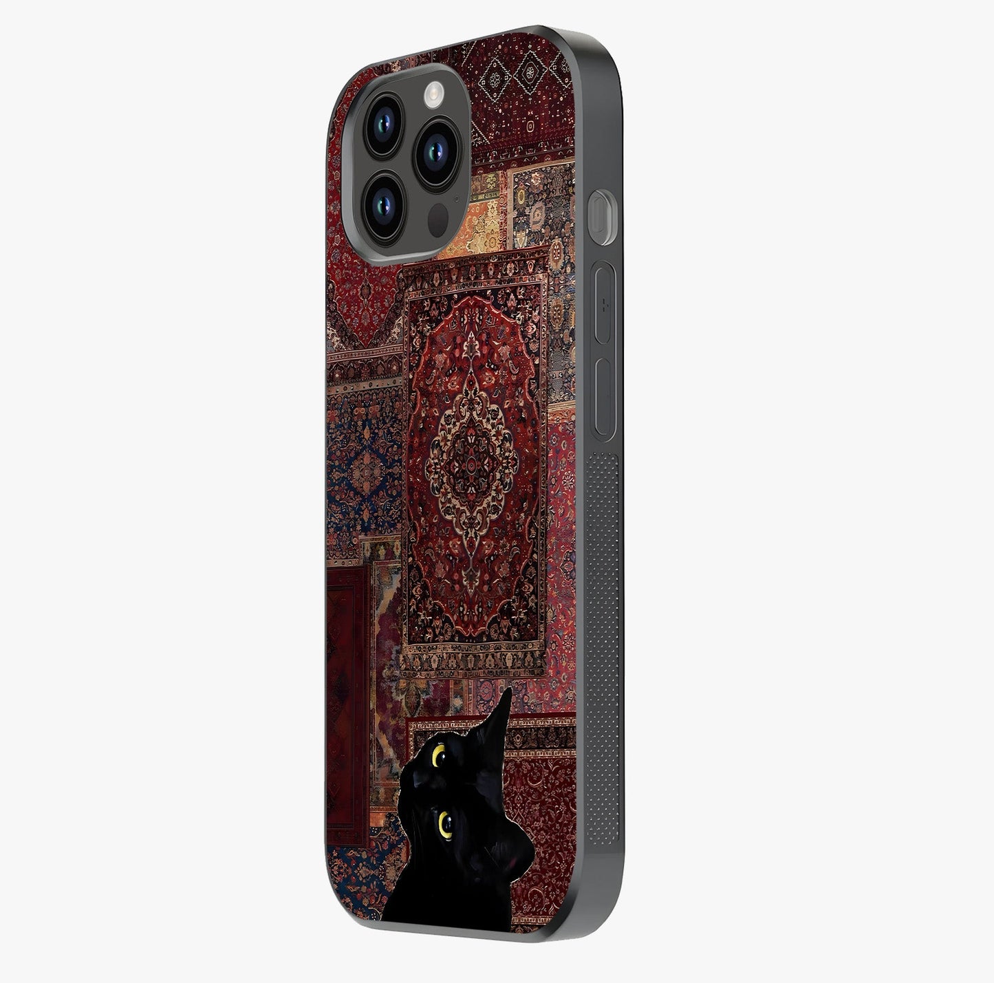 Regal Magic Cat Apple Glass Case photographed in natural light showing reflective finish and design depth.