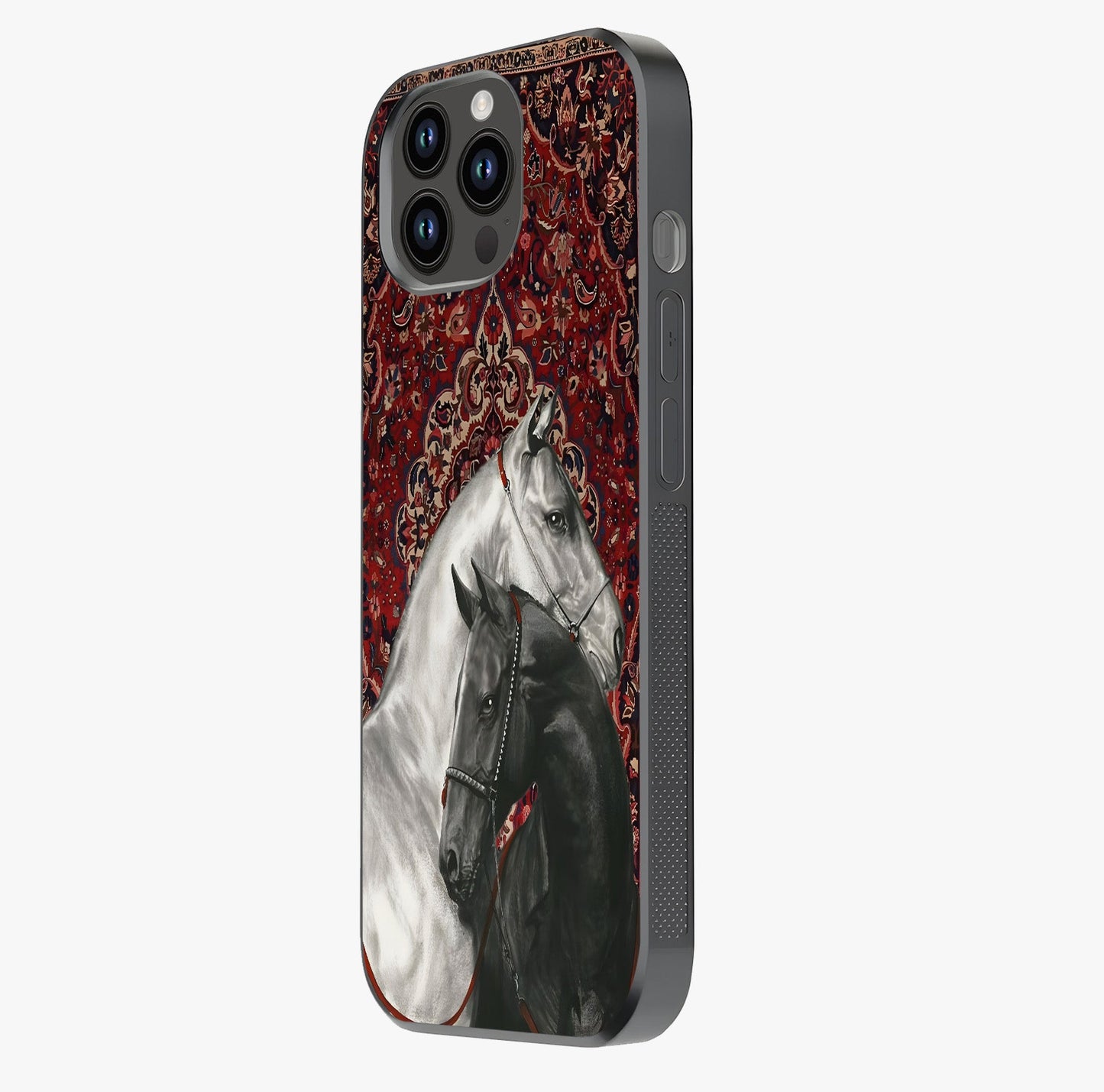 Regal Stallion Tapestry Glass Case photographed in natural light showing reflective finish and design depth.