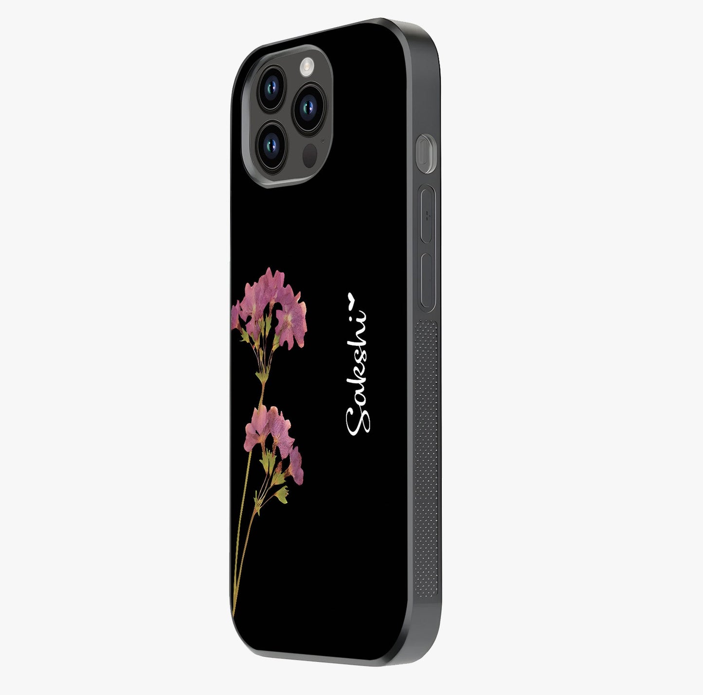 Riching Lavender Flower Custom Name Glass Case photographed in natural light showing reflective finish and design depth.