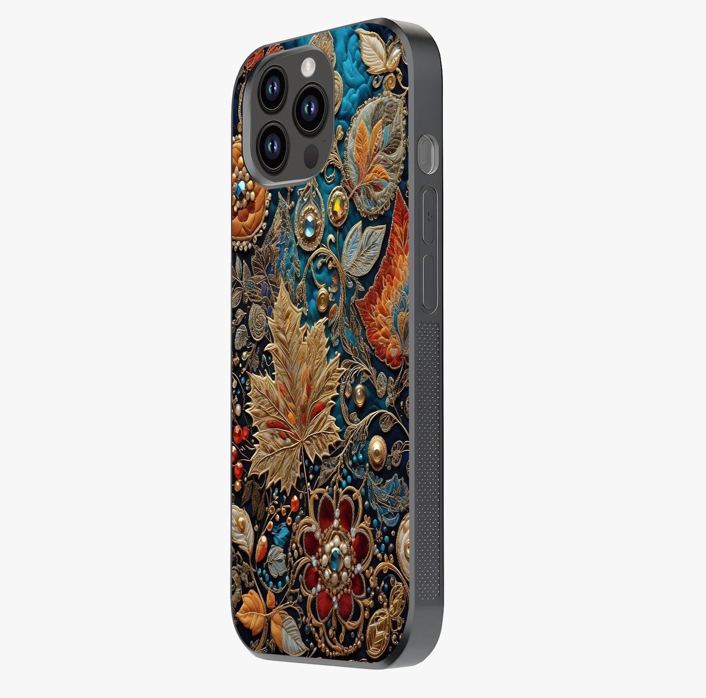 Royal Jewel Garden Glass Case photographed in natural light showing reflective finish and design depth.