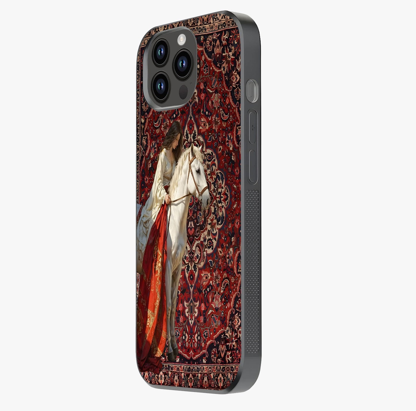 Royal Rider Tapestry Glass Case photographed in natural light showing reflective finish and design depth.