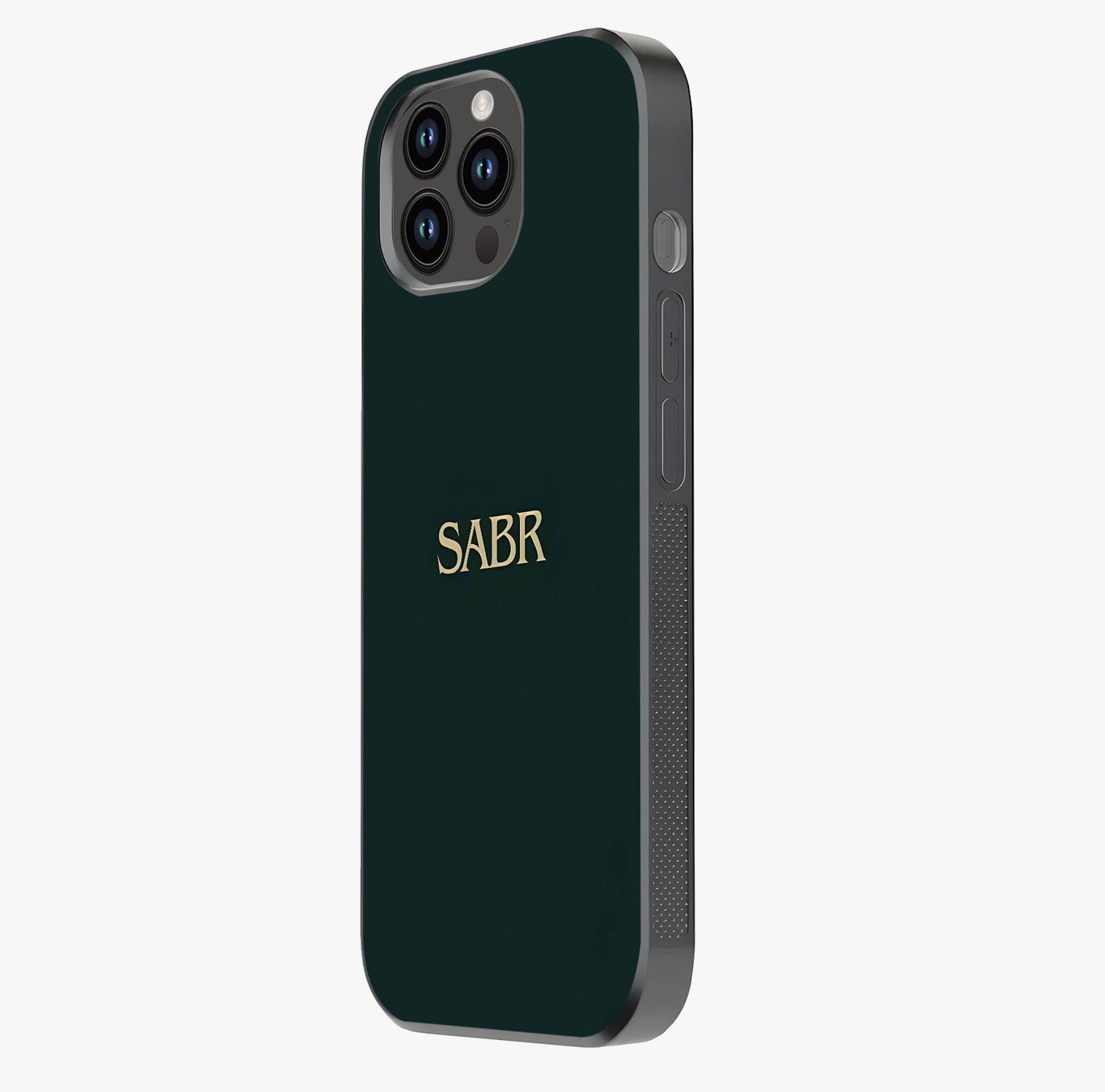 Sabr Minimal Patience Glass Case photographed in natural light showing reflective finish and design depth.