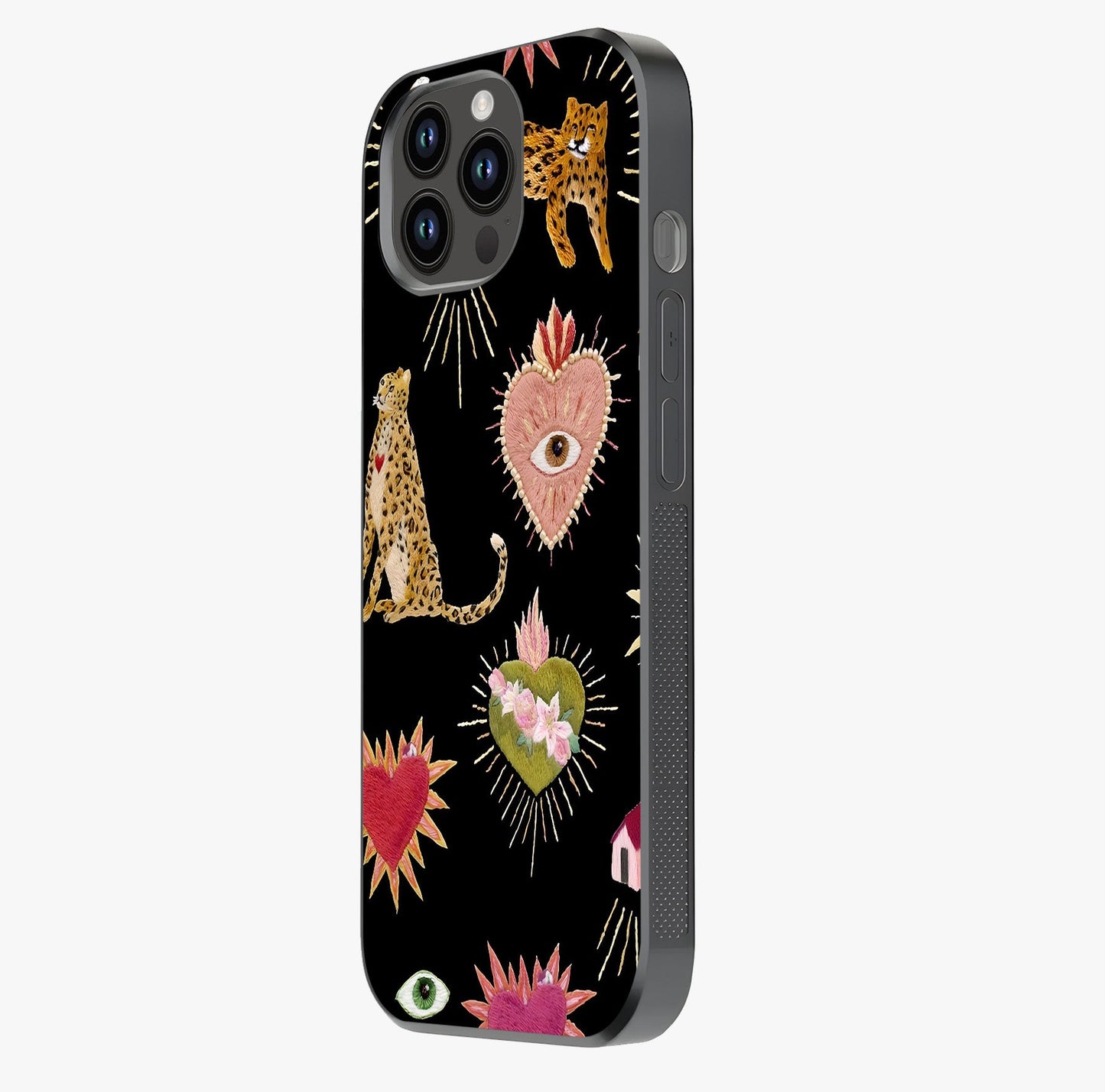 Sacred Jungle Heart Glass Case photographed in natural light showing reflective finish and design depth.