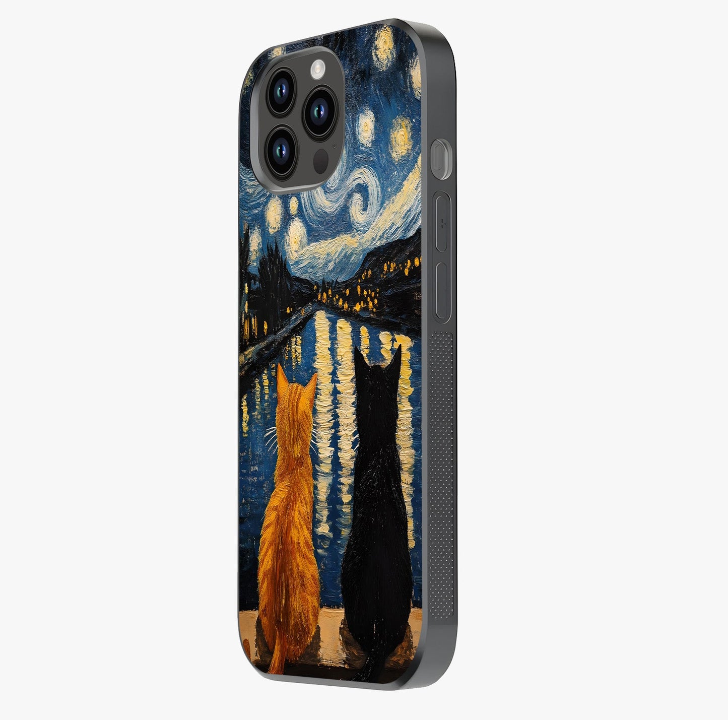 Starry River Cats Glass Case photographed in natural light showing reflective finish and design depth.