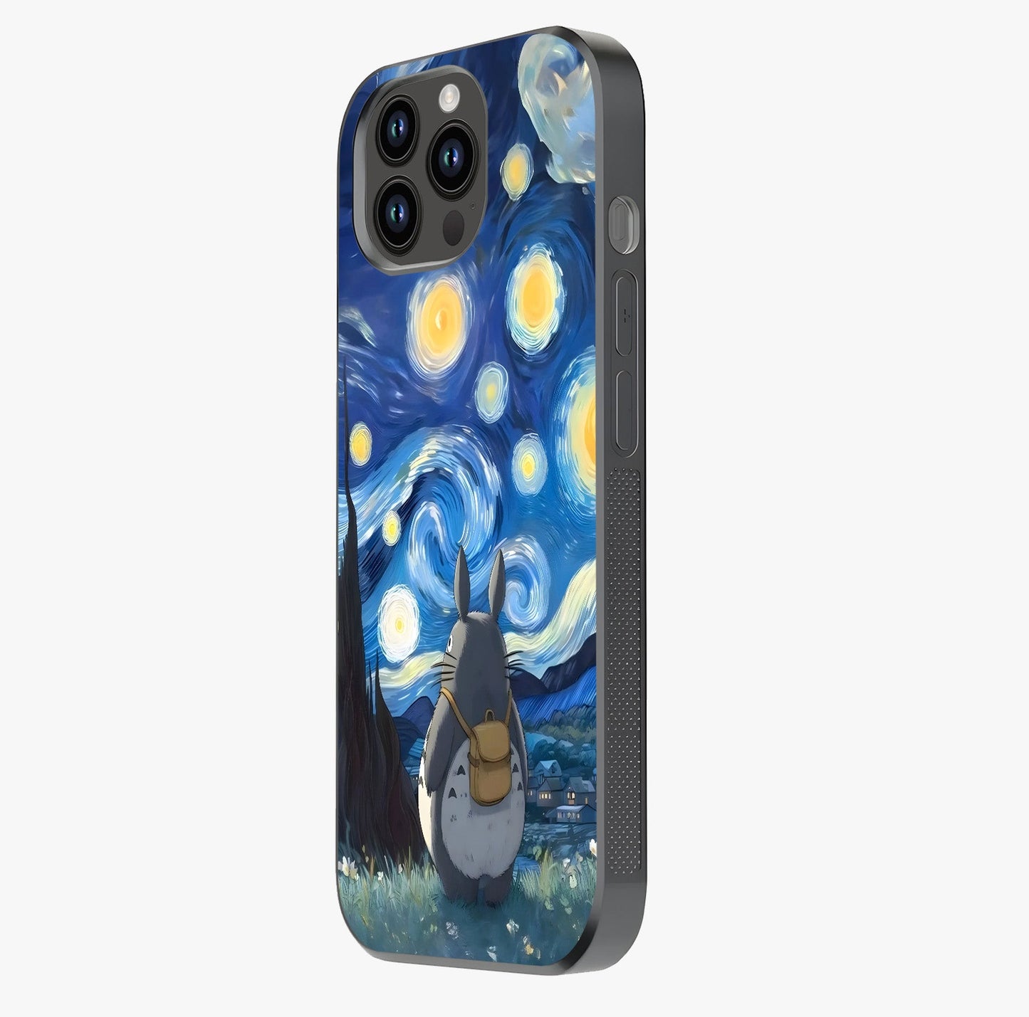 Totoro In Van Gogh Art Glass Case photographed in natural light showing reflective finish and design depth.