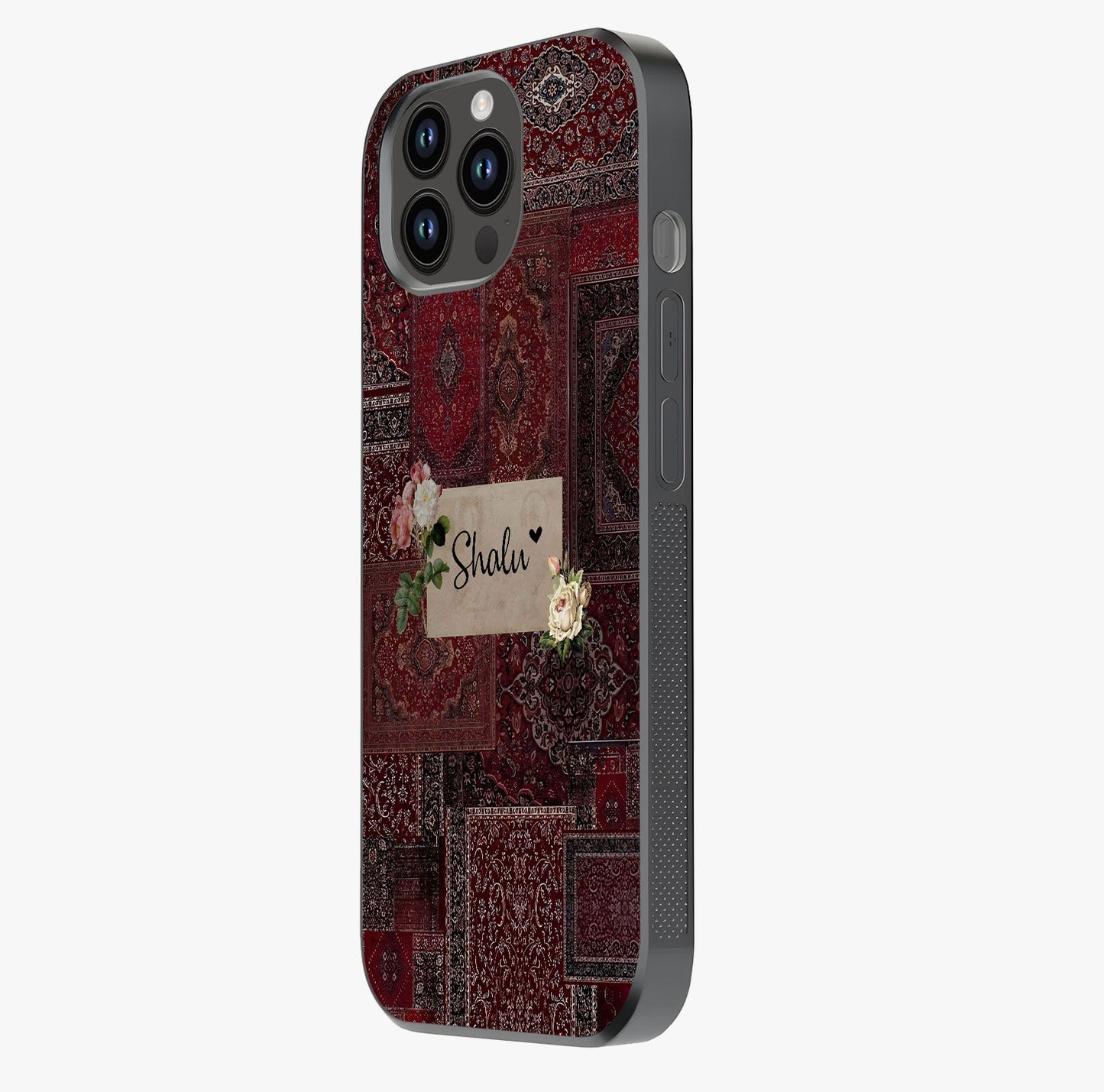 Velvet Wine Pattern Custom Name Glass Case photographed in natural light showing reflective finish and design depth.