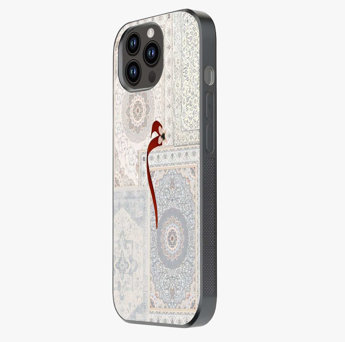 White Aesthetic Bow Glass Case photographed in natural light showing reflective finish and design depth.