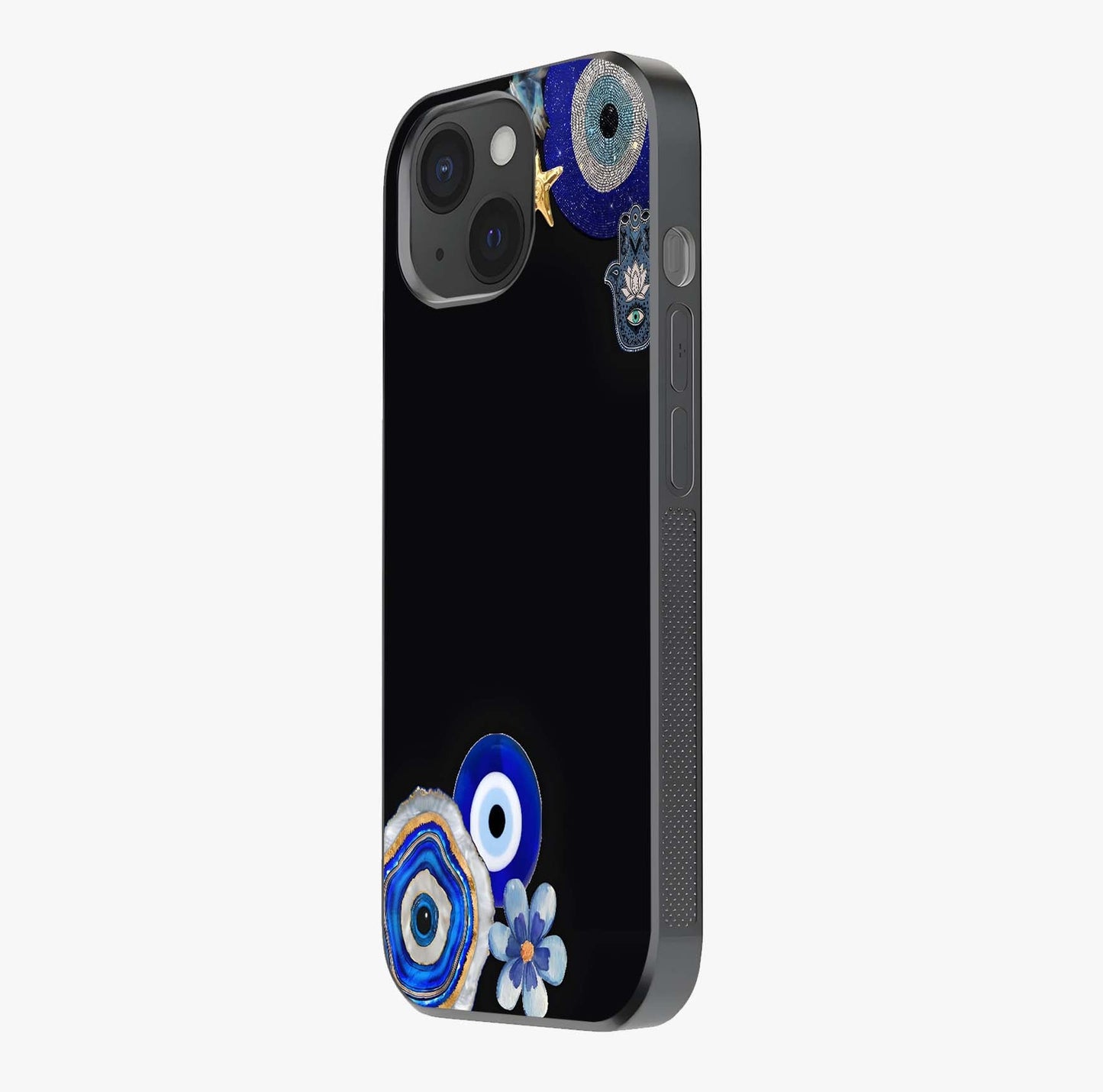 Aesthetic Blue Evil Eye Glass Case photographed in natural light showing reflective finish and design depth.