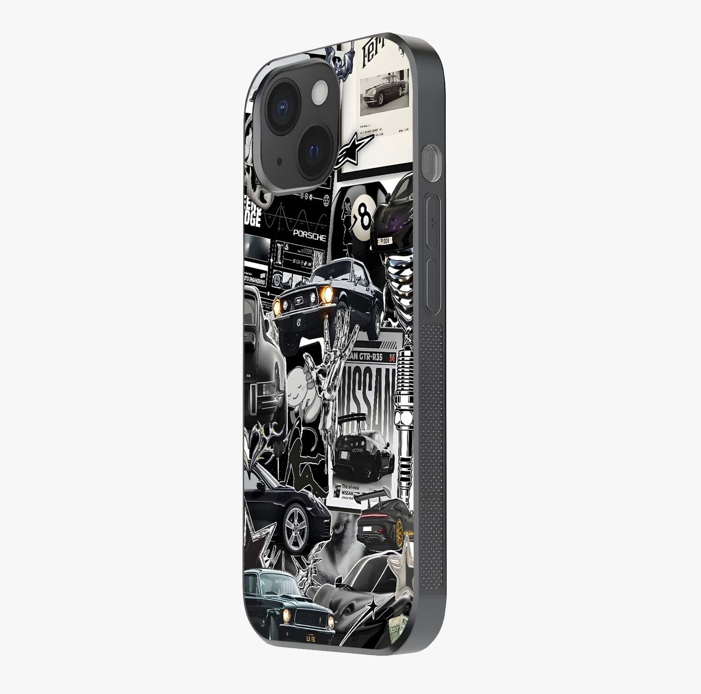 Aesthetic Dark Love Glass Case photographed in natural light showing reflective finish and design depth.