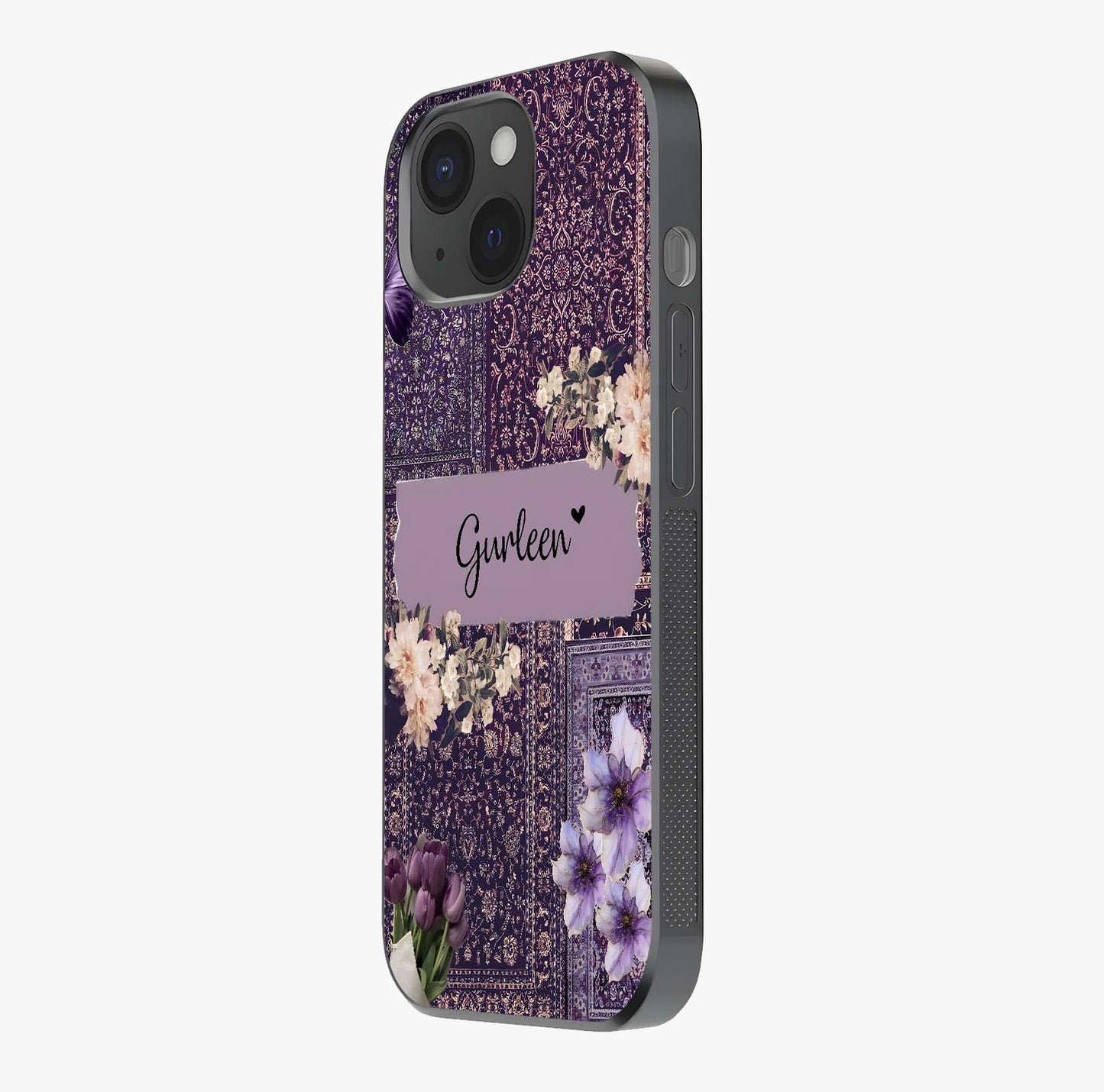 Antique Floral Whisper Custom Name Glass Case photographed in natural light showing reflective finish and design depth.