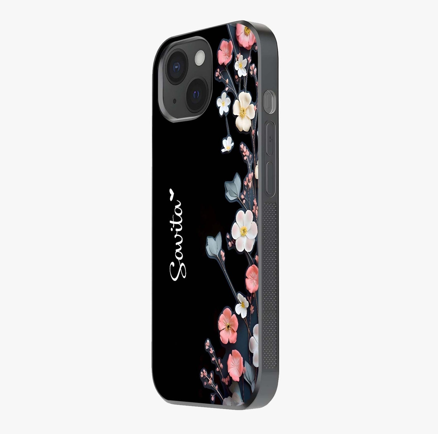 Black Elegance Floral Custom Name Glass Case photographed in natural light showing reflective finish and design depth.