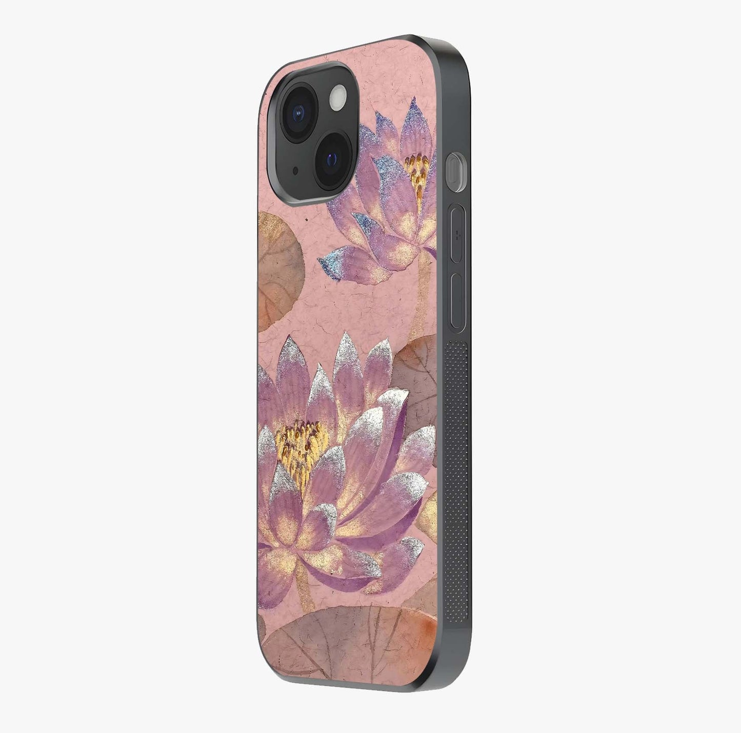 Blossom Mist Lotus Glass Case photographed in natural light showing reflective finish and design depth.