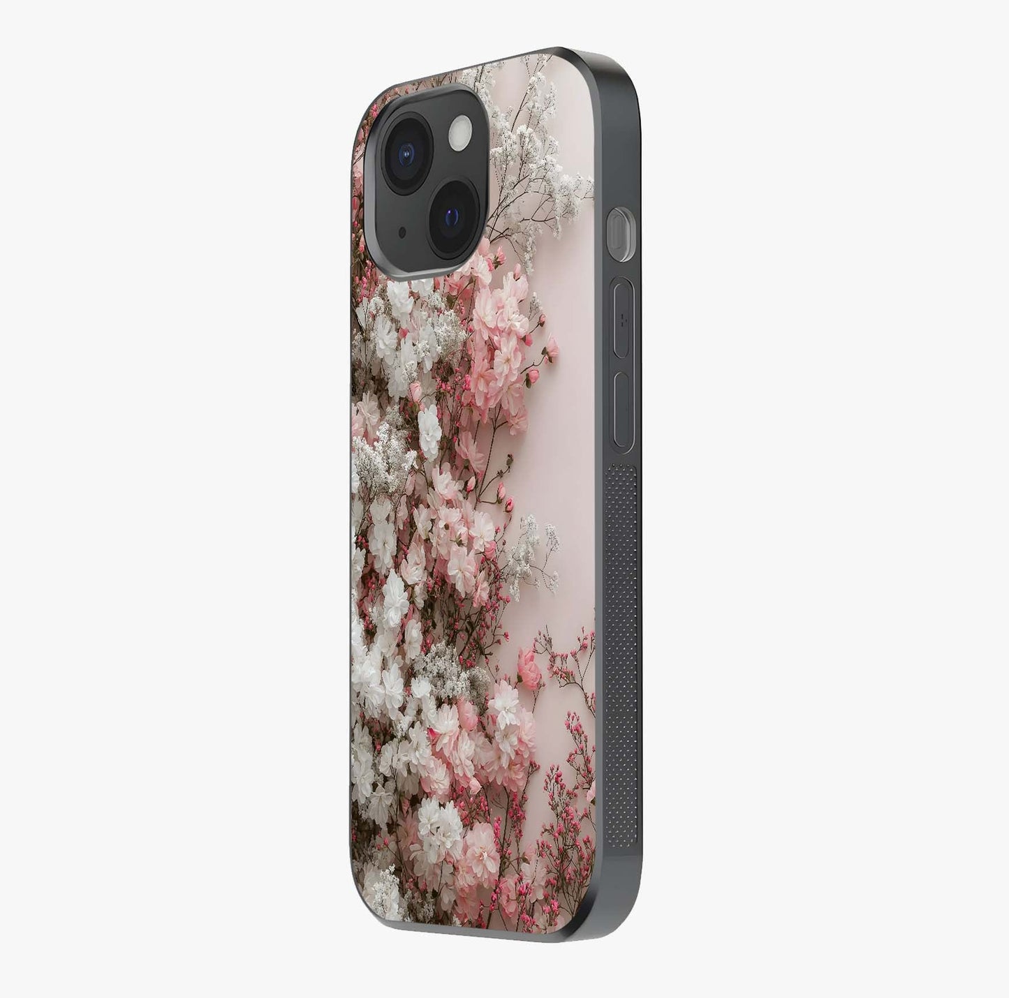 Blush Blossom Cloud Glass Case photographed in natural light showing reflective finish and design depth.