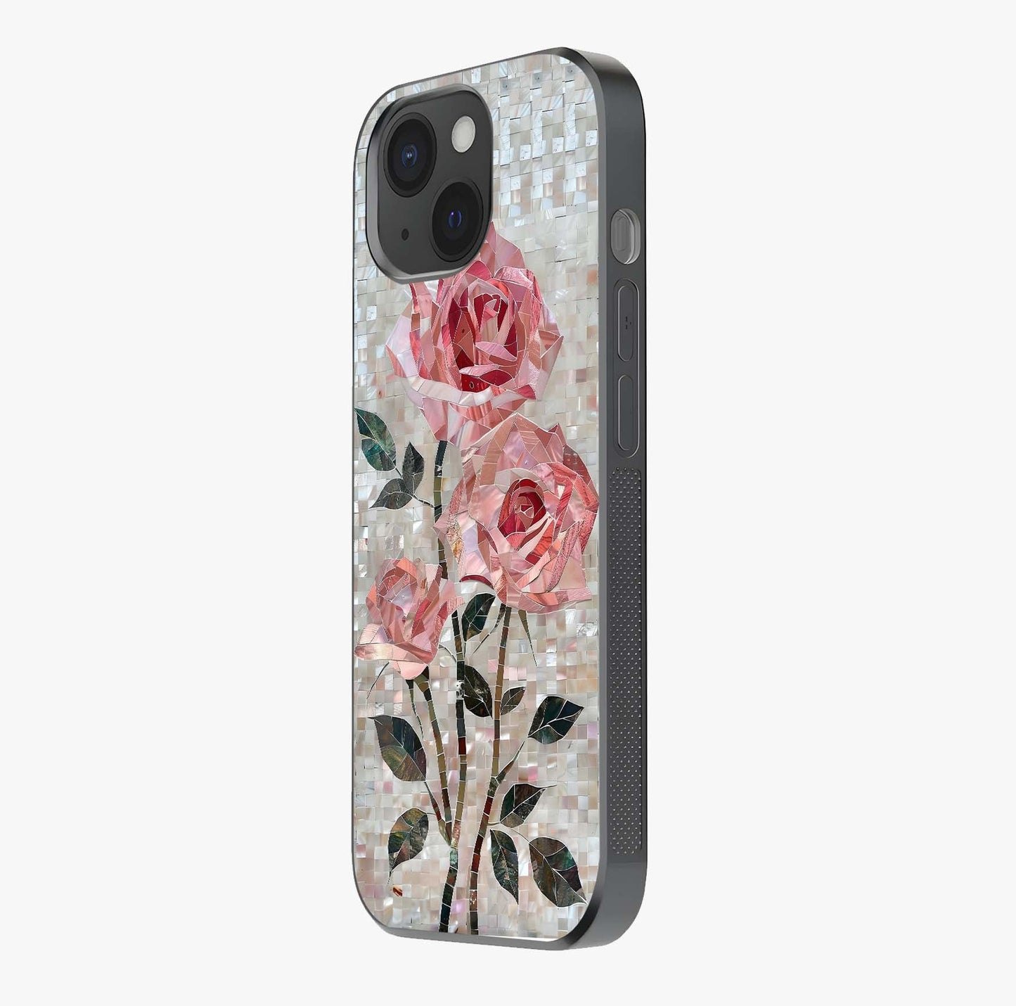 Blush Mosaic Bloom Glass Case photographed in natural light showing reflective finish and design depth.