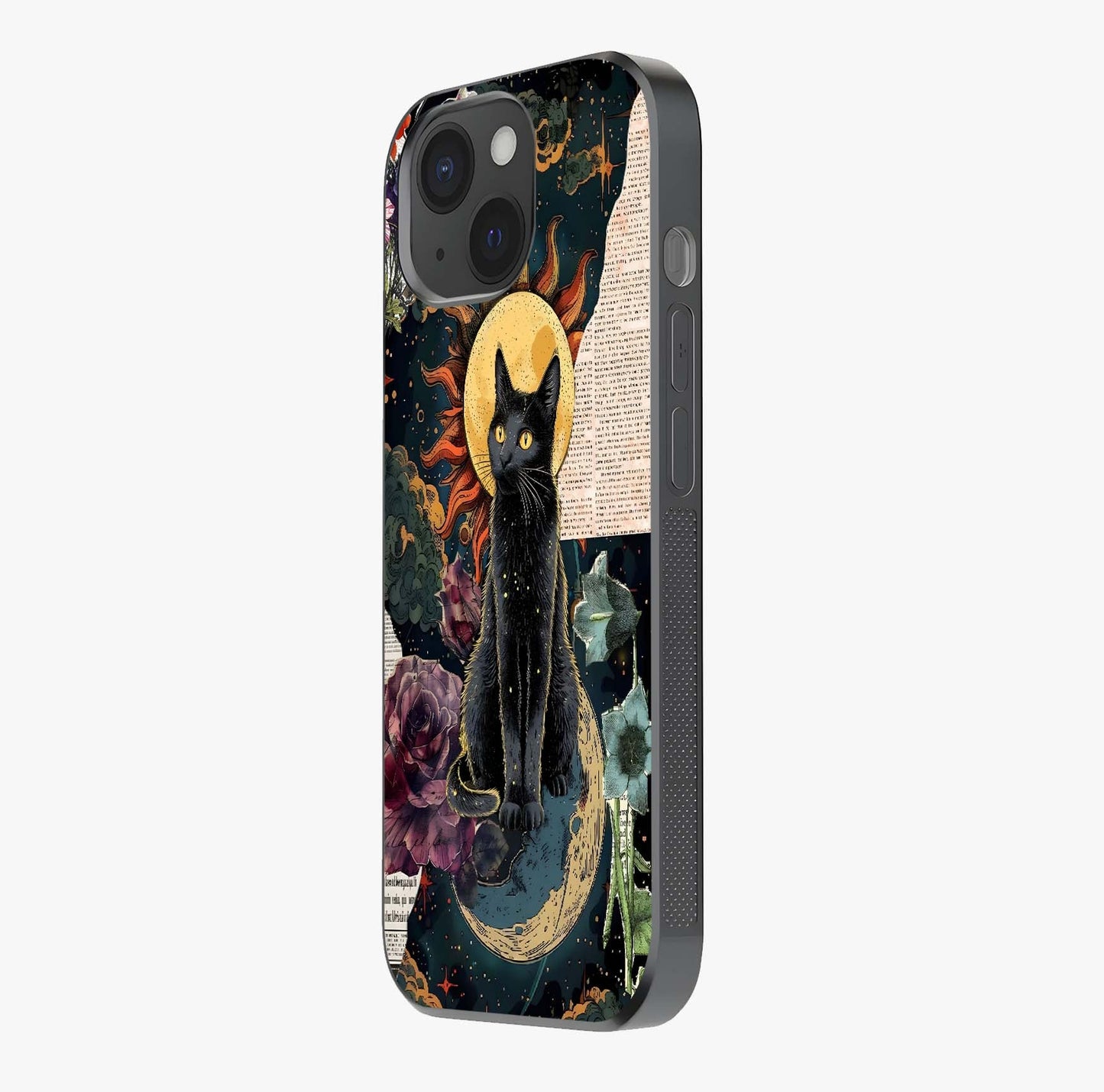 Celestial Black Cat Glass Case photographed in natural light showing reflective finish and design depth.