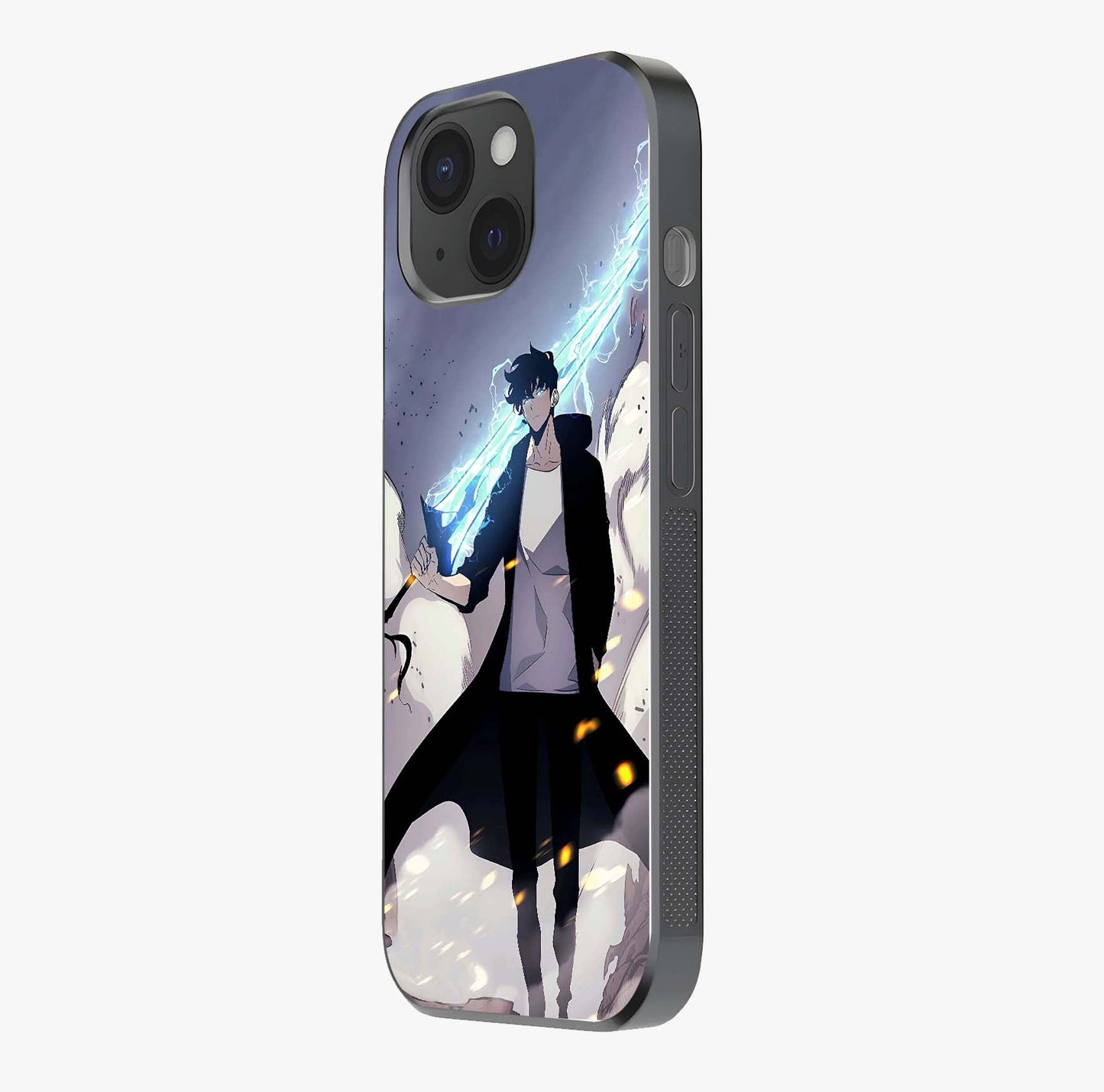 Dark Lightning Anime Warrior Glass Case photographed in natural light showing reflective finish and design depth.